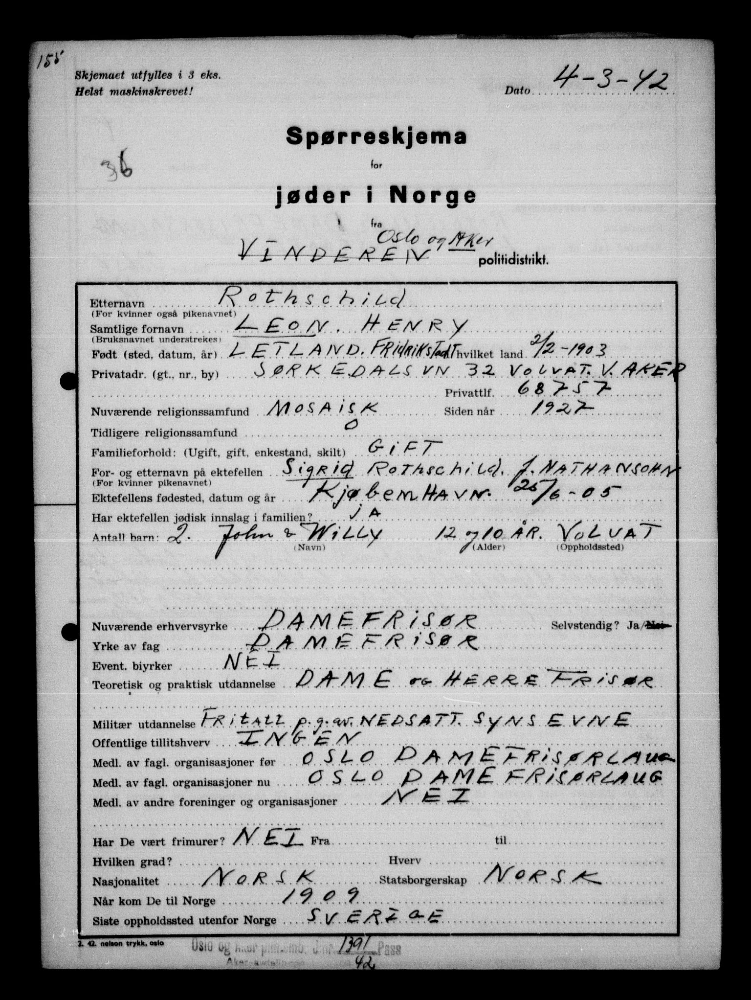 Statspolitiet - Hovedkontoret / Osloavdelingen, AV/RA-S-1329/G/Ga/L0012: Spørreskjema for jøder i Norge. 1: Aker 114- 207 (Levinson-Wozak) og 656 (Salomon). 2: Arendal-Hordaland. 3: Horten-Romerike.  , 1942, p. 126