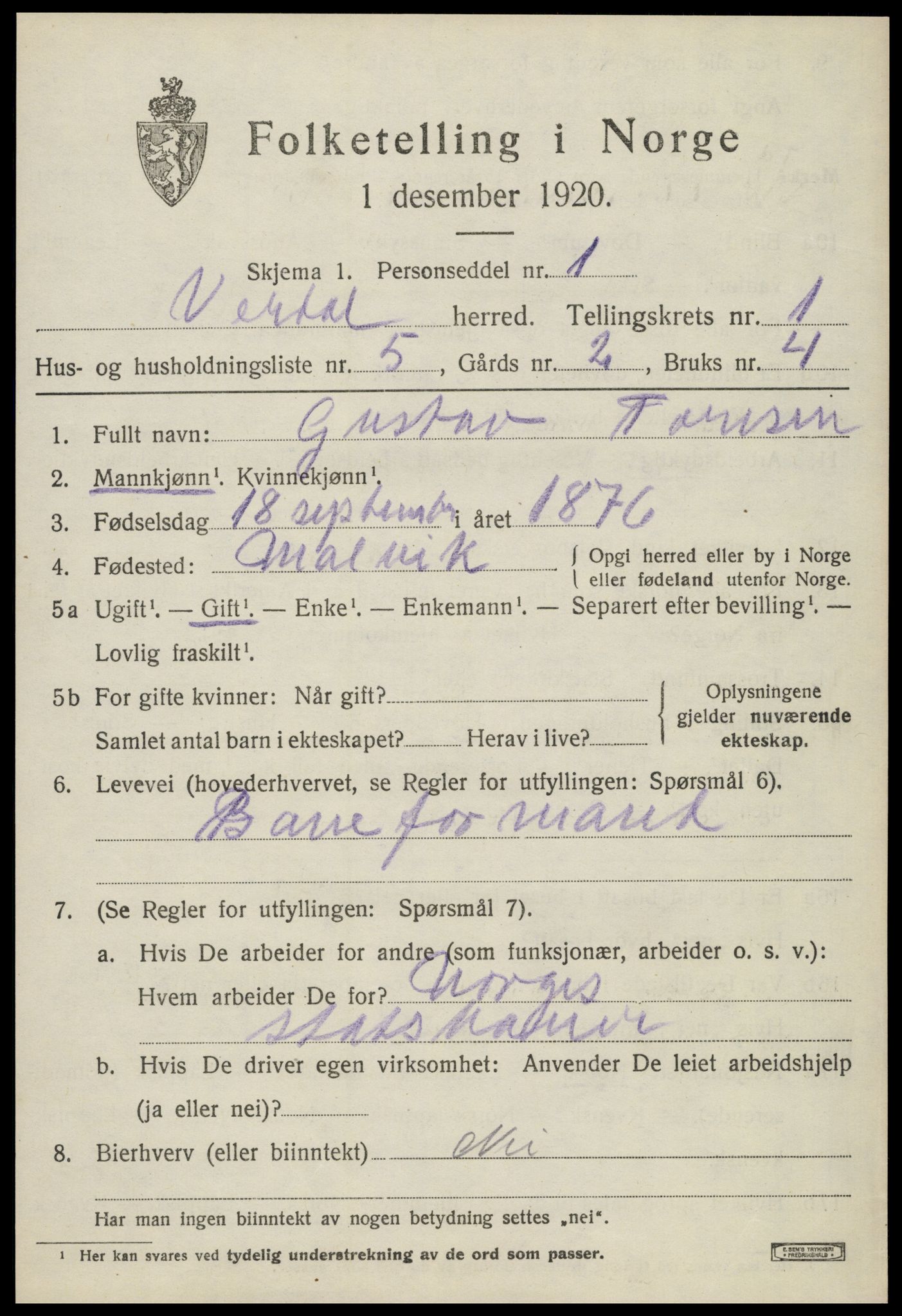 SAT, 1920 census for Verdal, 1920, p. 2369