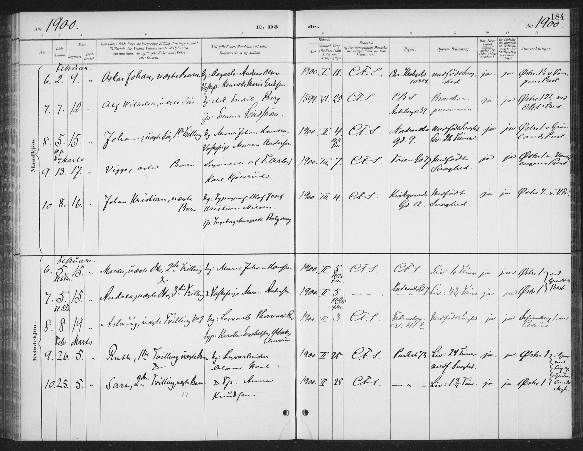 Rikshospitalet prestekontor Kirkebøker, SAO/A-10309b/F/L0010: Parish register (official) no. 10, 1888-1912, p. 184