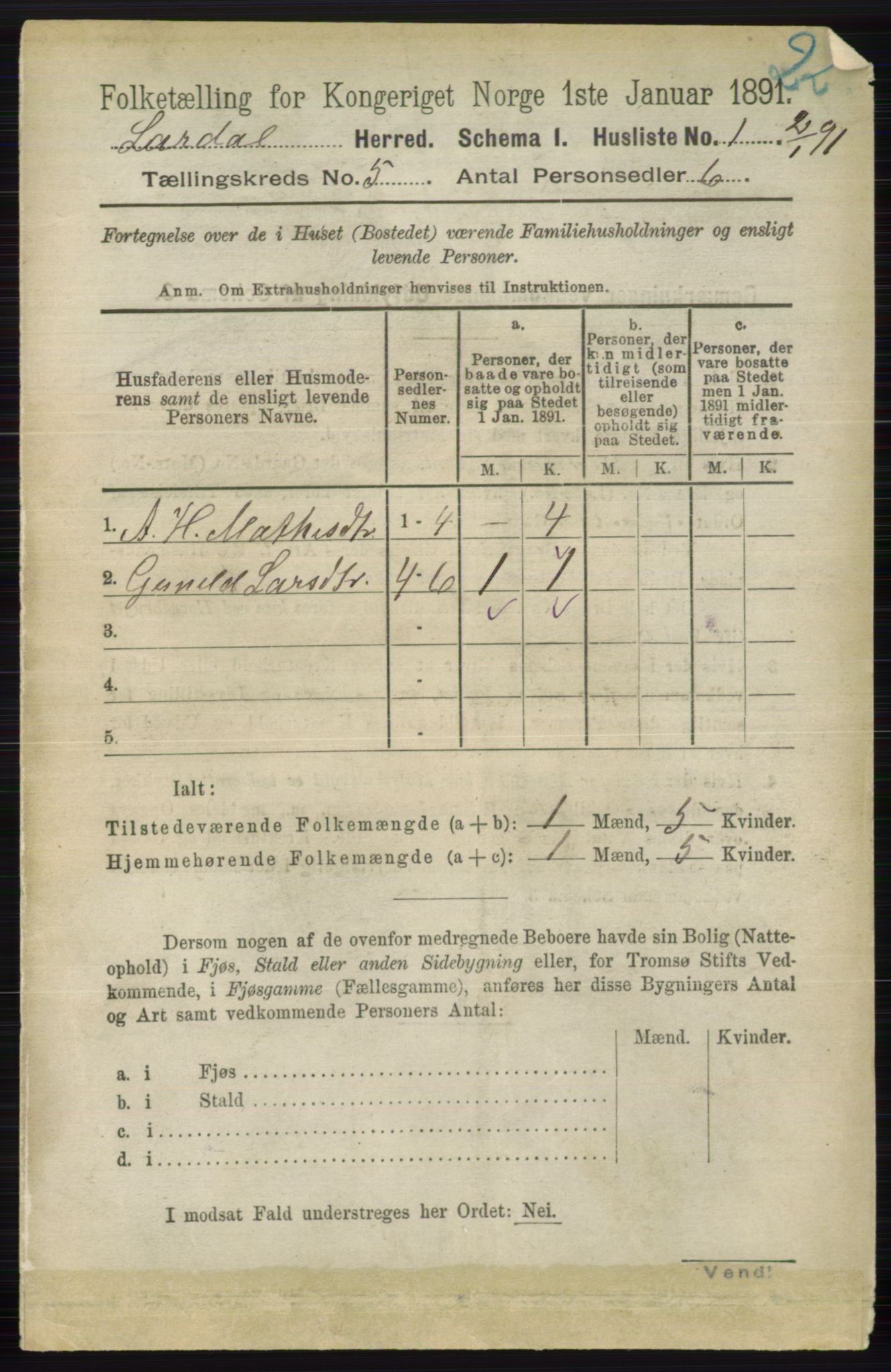 RA, 1891 census for 0728 Lardal, 1891, p. 2607