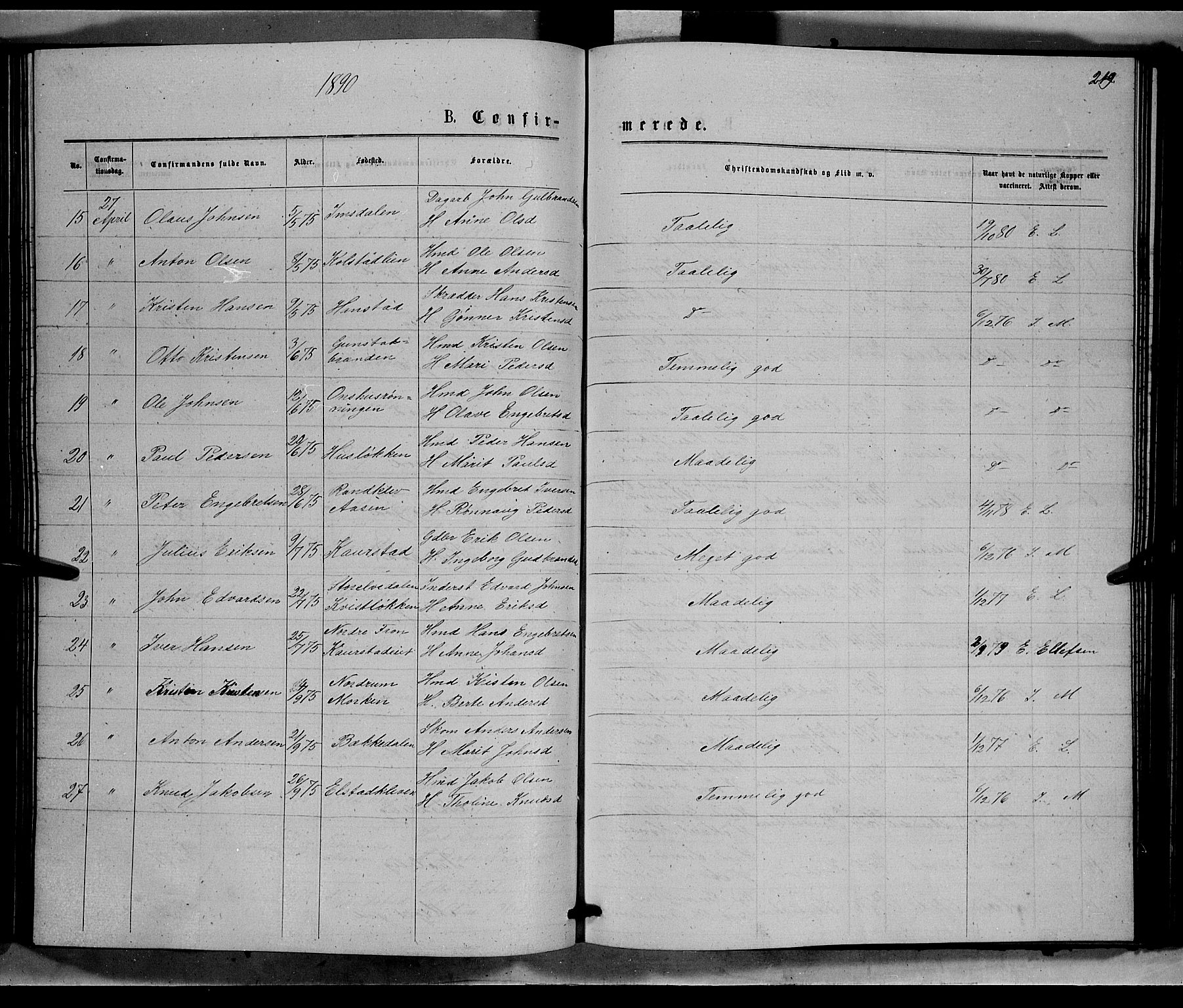 Ringebu prestekontor, SAH/PREST-082/H/Ha/Hab/L0006: Parish register (copy) no. 6, 1880-1898, p. 219