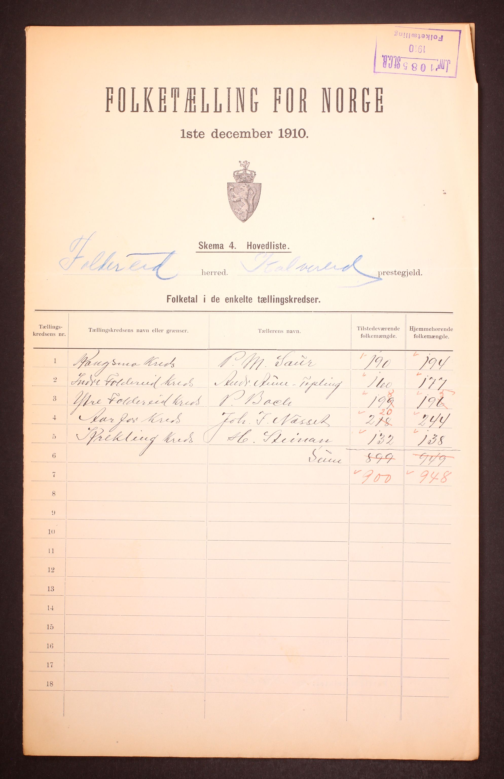 RA, 1910 census for Foldereid, 1910, p. 2