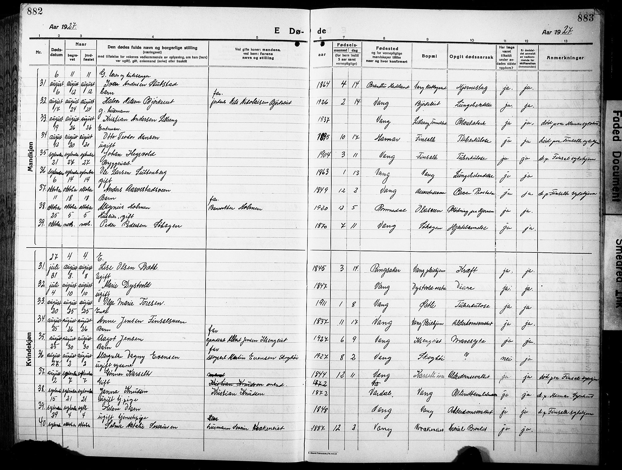 Vang prestekontor, Hedmark, SAH/PREST-008/H/Ha/Hab/L0015: Parish register (copy) no. 15, 1915-1933, p. 882-883