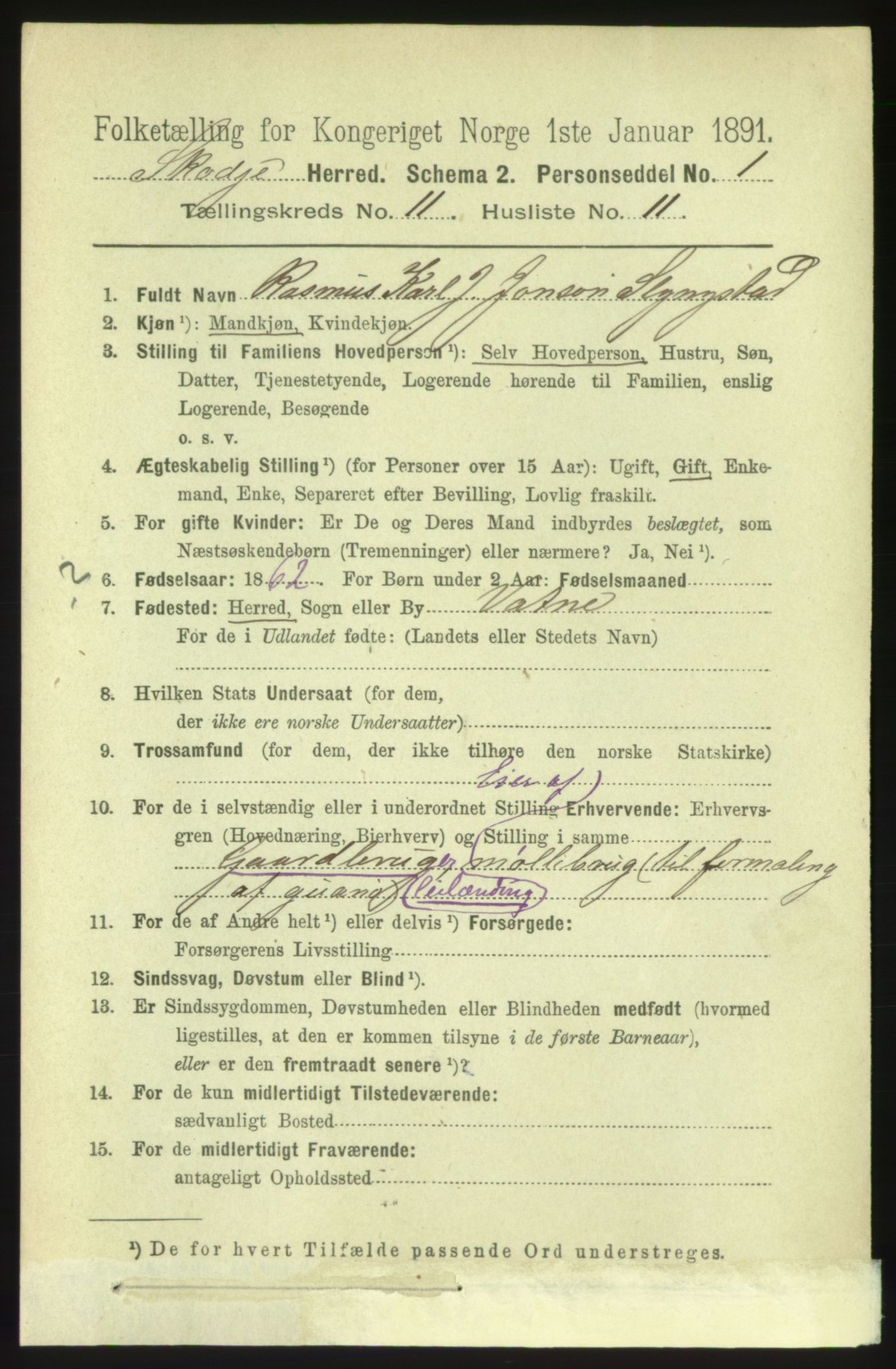RA, 1891 census for 1529 Skodje, 1891, p. 2285