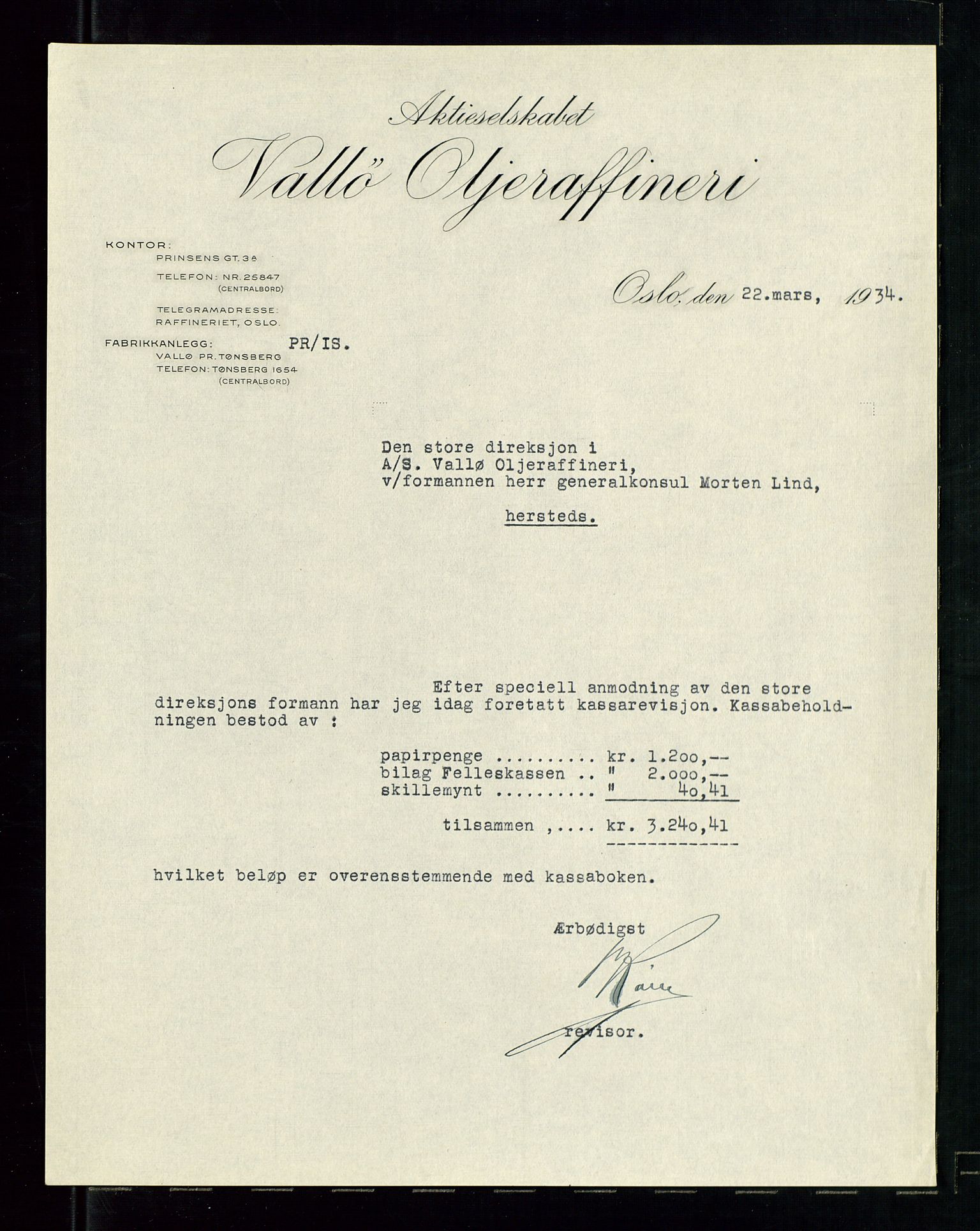 Pa 1536 - Esso Norge as, Vallø Oljeraffineri og lager, AV/SAST-A-101956/A/Aa/L0002: Vallø Oljeraffineri ordinær og ekstraordinær generalforsamling 1934. Ordinær generalforsamling Vallø Oljeraffineri, Norsk Amerikansk Petroleuns co., Vestlandske Petroleums co. 1935., 1934-1935, p. 12