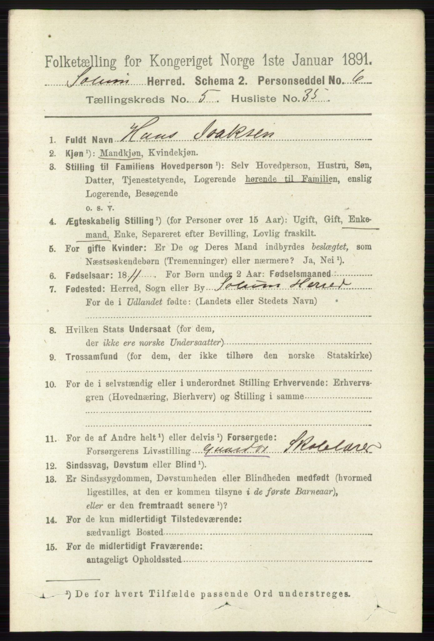 RA, 1891 census for 0818 Solum, 1891, p. 1054