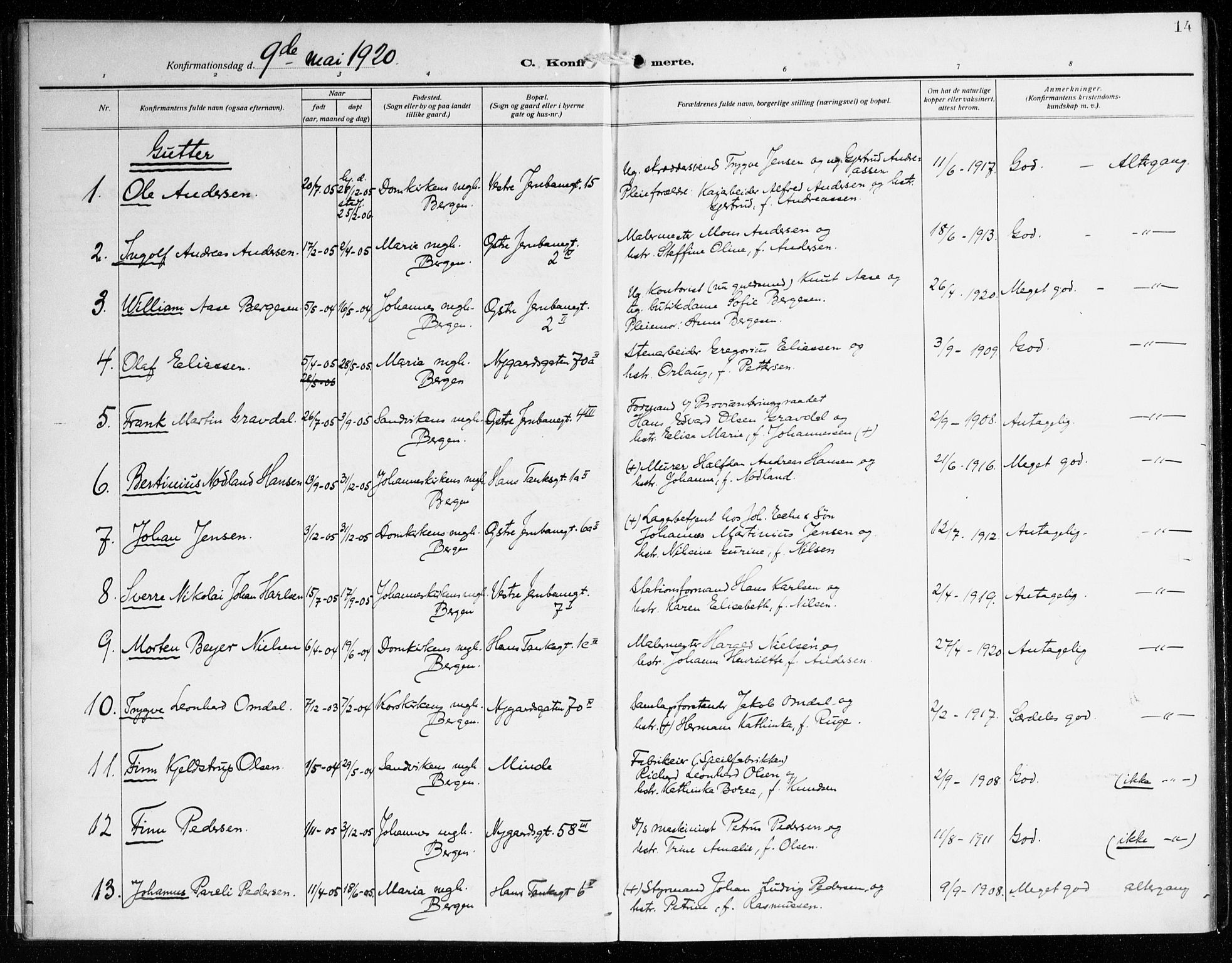 St. Jacob sokneprestembete, AV/SAB-A-78001/H/Haa/L0003: Parish register (official) no. B 1, 1917-1942, p. 14