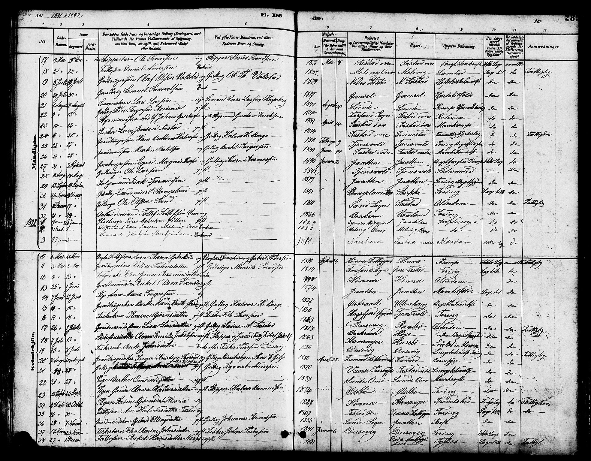 Hetland sokneprestkontor, SAST/A-101826/30/30BB/L0005: Parish register (copy) no. B 5, 1878-1910, p. 285