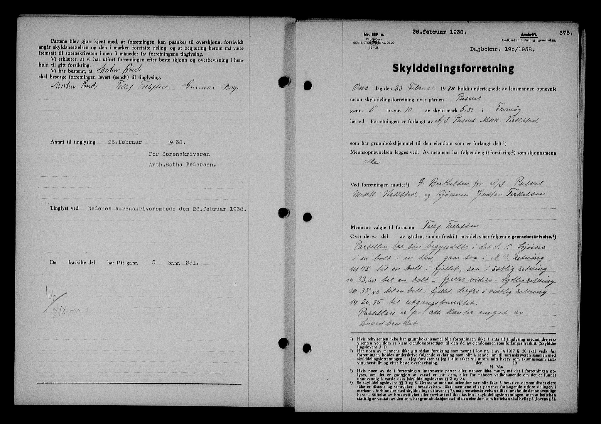 Nedenes sorenskriveri, SAK/1221-0006/G/Gb/Gba/L0044: Mortgage book no. 40, 1937-1938, Diary no: : 190/1938