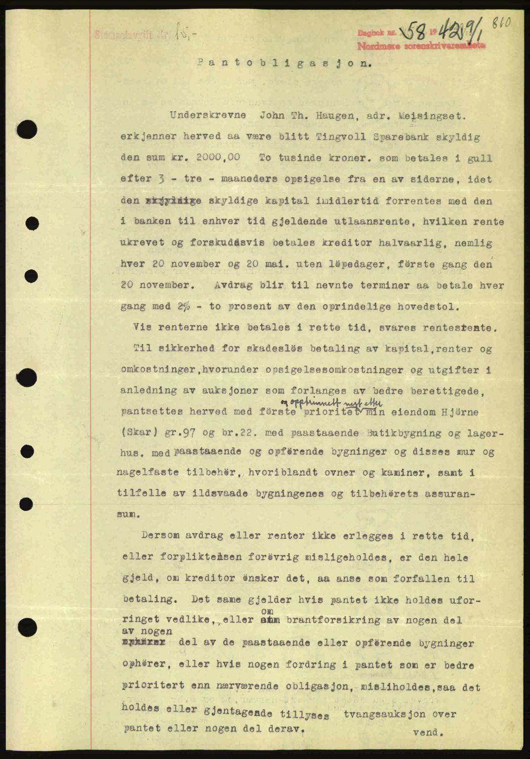 Nordmøre sorenskriveri, AV/SAT-A-4132/1/2/2Ca: Mortgage book no. B88, 1941-1942, Diary no: : 58/1942