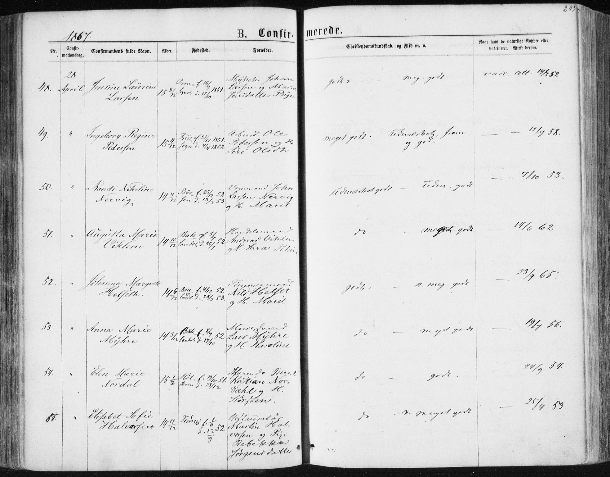 Ministerialprotokoller, klokkerbøker og fødselsregistre - Sør-Trøndelag, SAT/A-1456/604/L0186: Parish register (official) no. 604A07, 1866-1877, p. 243