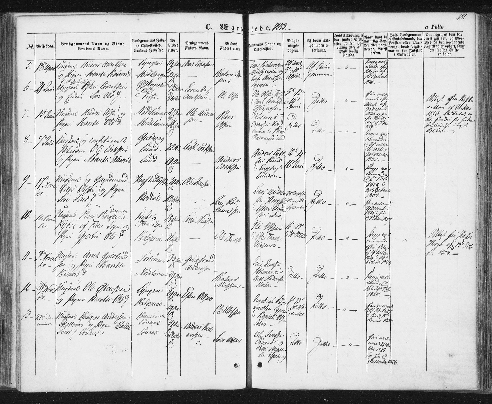 Ministerialprotokoller, klokkerbøker og fødselsregistre - Sør-Trøndelag, SAT/A-1456/692/L1103: Parish register (official) no. 692A03, 1849-1870, p. 181