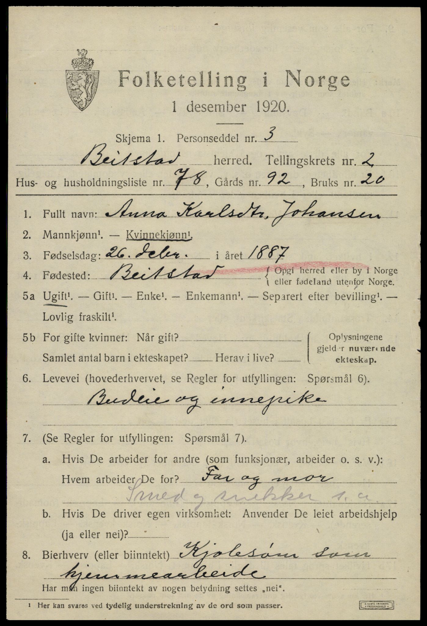 SAT, 1920 census for Beitstad, 1920, p. 2373