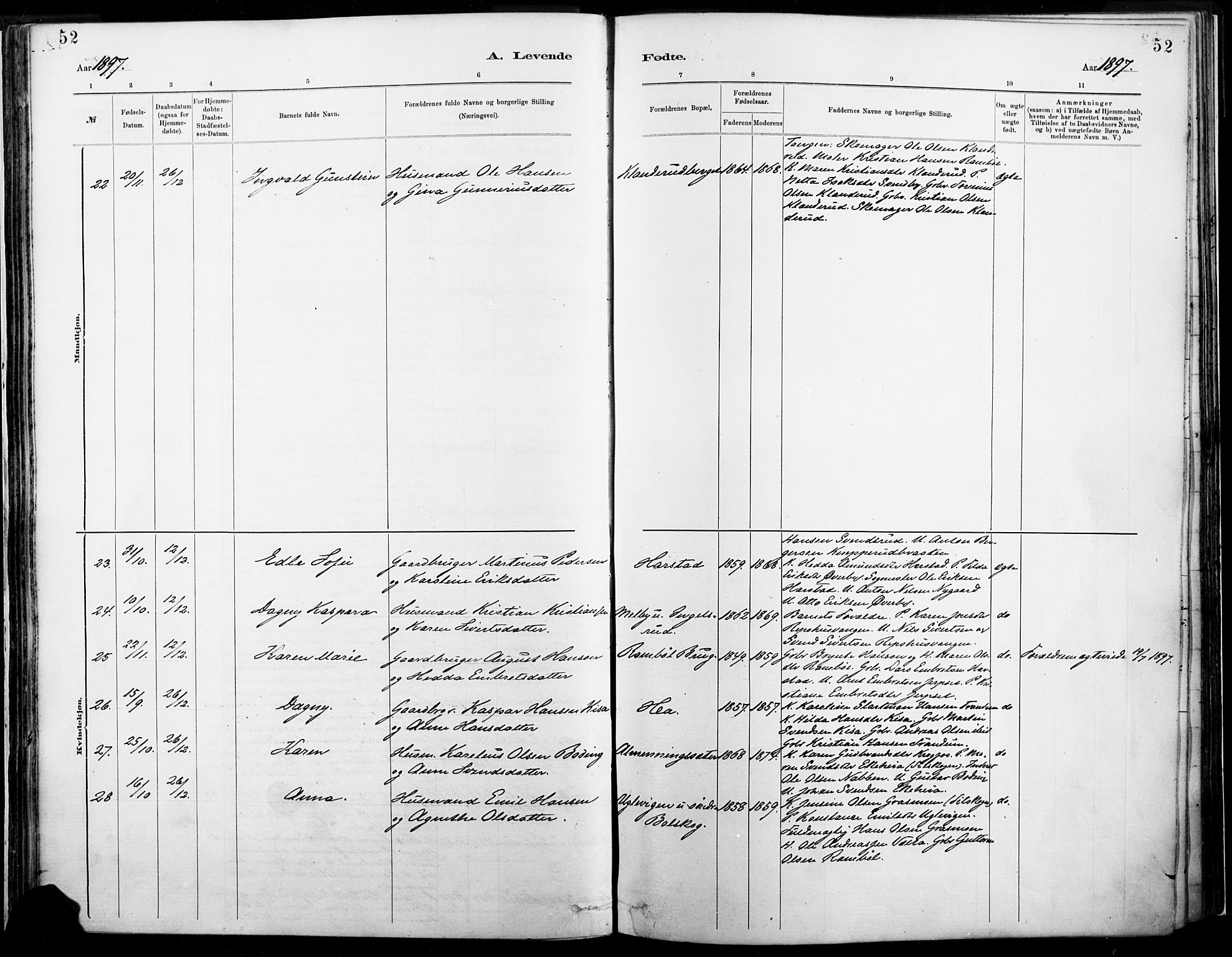 Eidskog prestekontor, AV/SAH-PREST-026/H/Ha/Haa/L0004: Parish register (official) no. 4, 1884-1897, p. 52