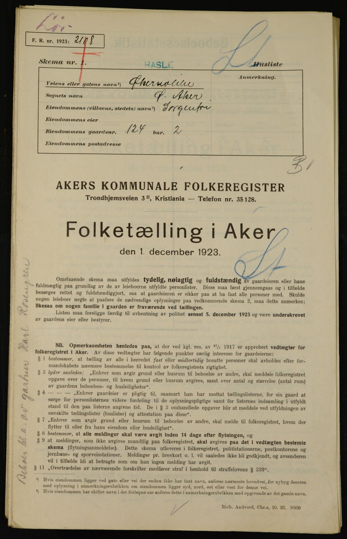 , Municipal Census 1923 for Aker, 1923, p. 35814