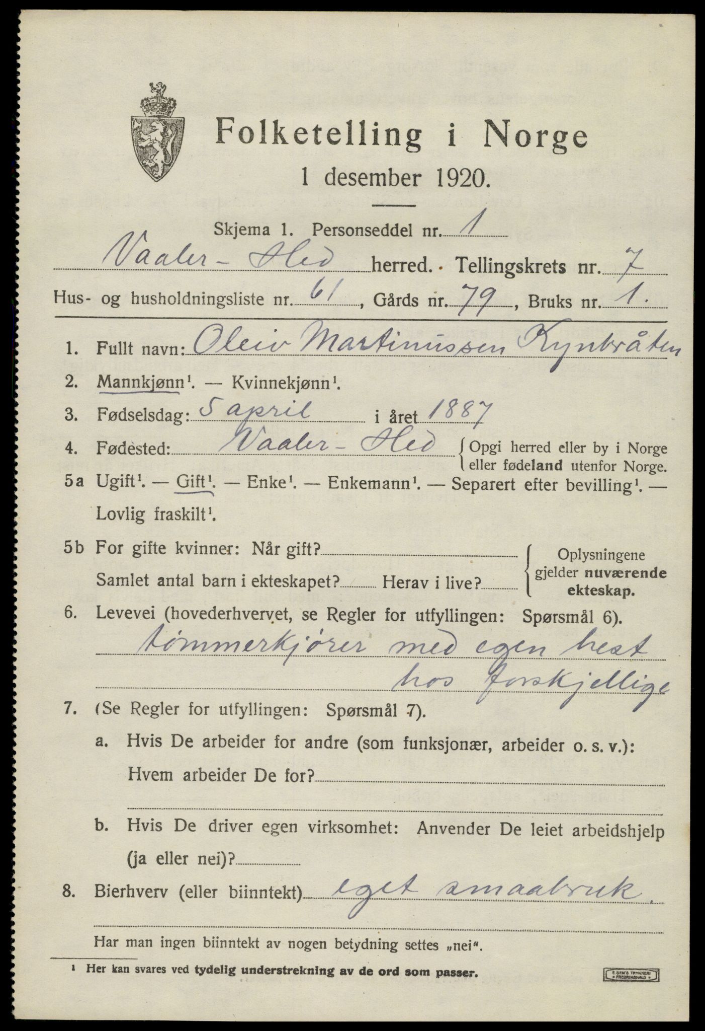 SAH, 1920 census for Våler (Hedmark), 1920, p. 8227