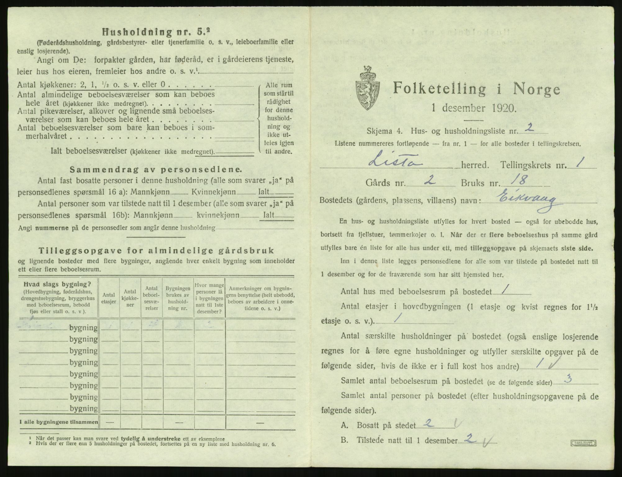 SAK, 1920 census for Lista, 1920, p. 81