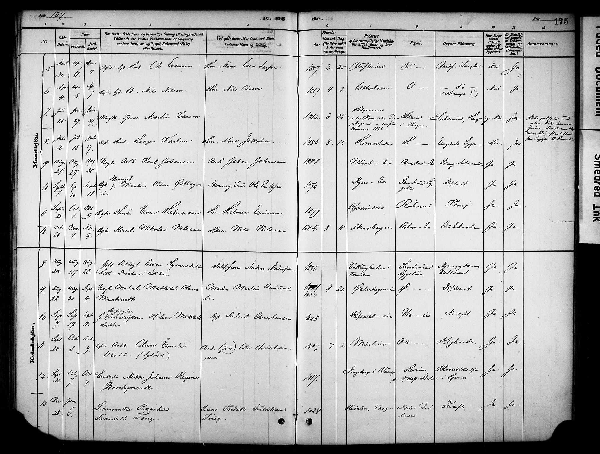 Stange prestekontor, AV/SAH-PREST-002/K/L0019: Parish register (official) no. 19, 1880-1891, p. 175