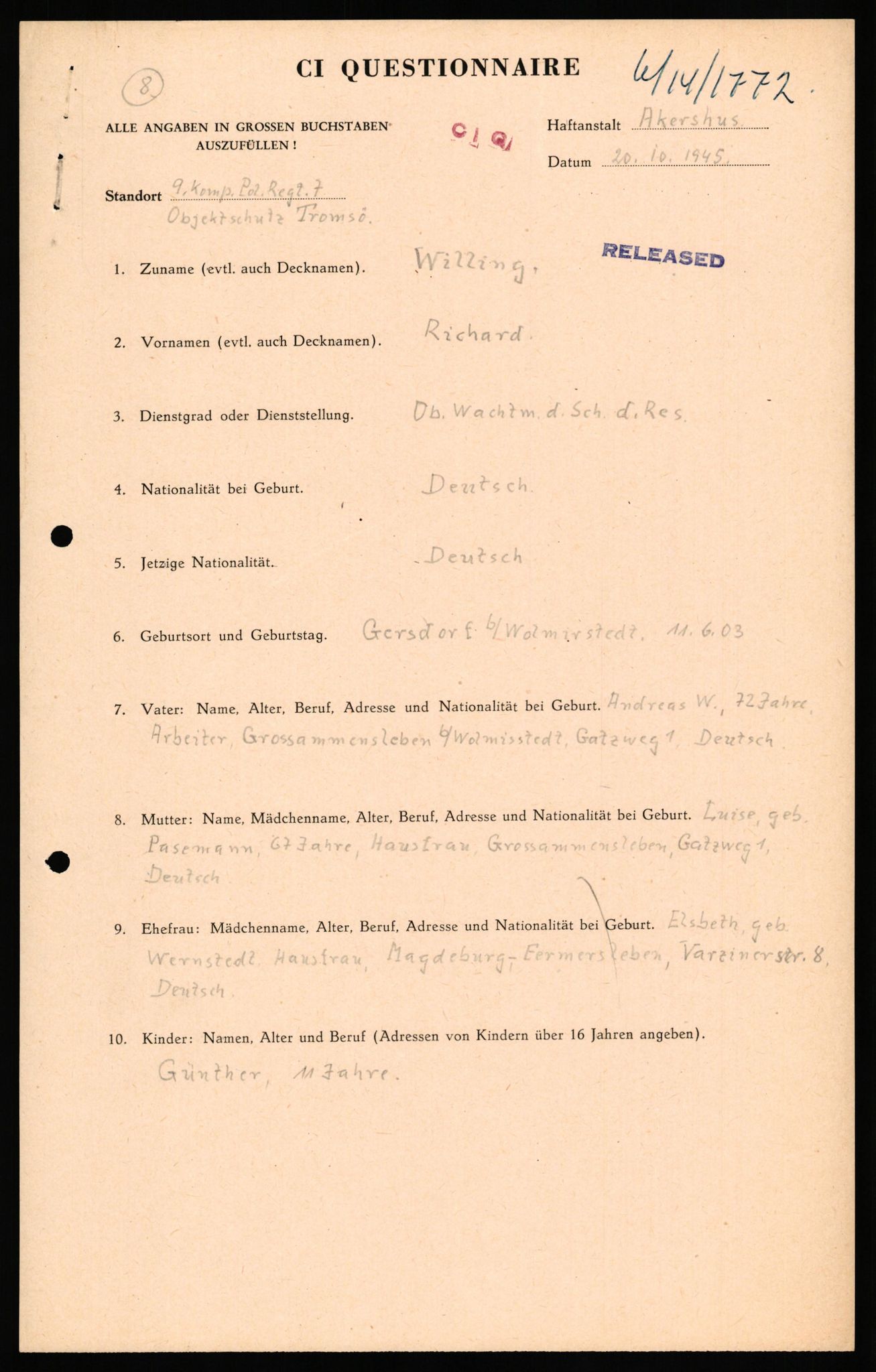 Forsvaret, Forsvarets overkommando II, AV/RA-RAFA-3915/D/Db/L0036: CI Questionaires. Tyske okkupasjonsstyrker i Norge. Tyskere., 1945-1946, p. 116