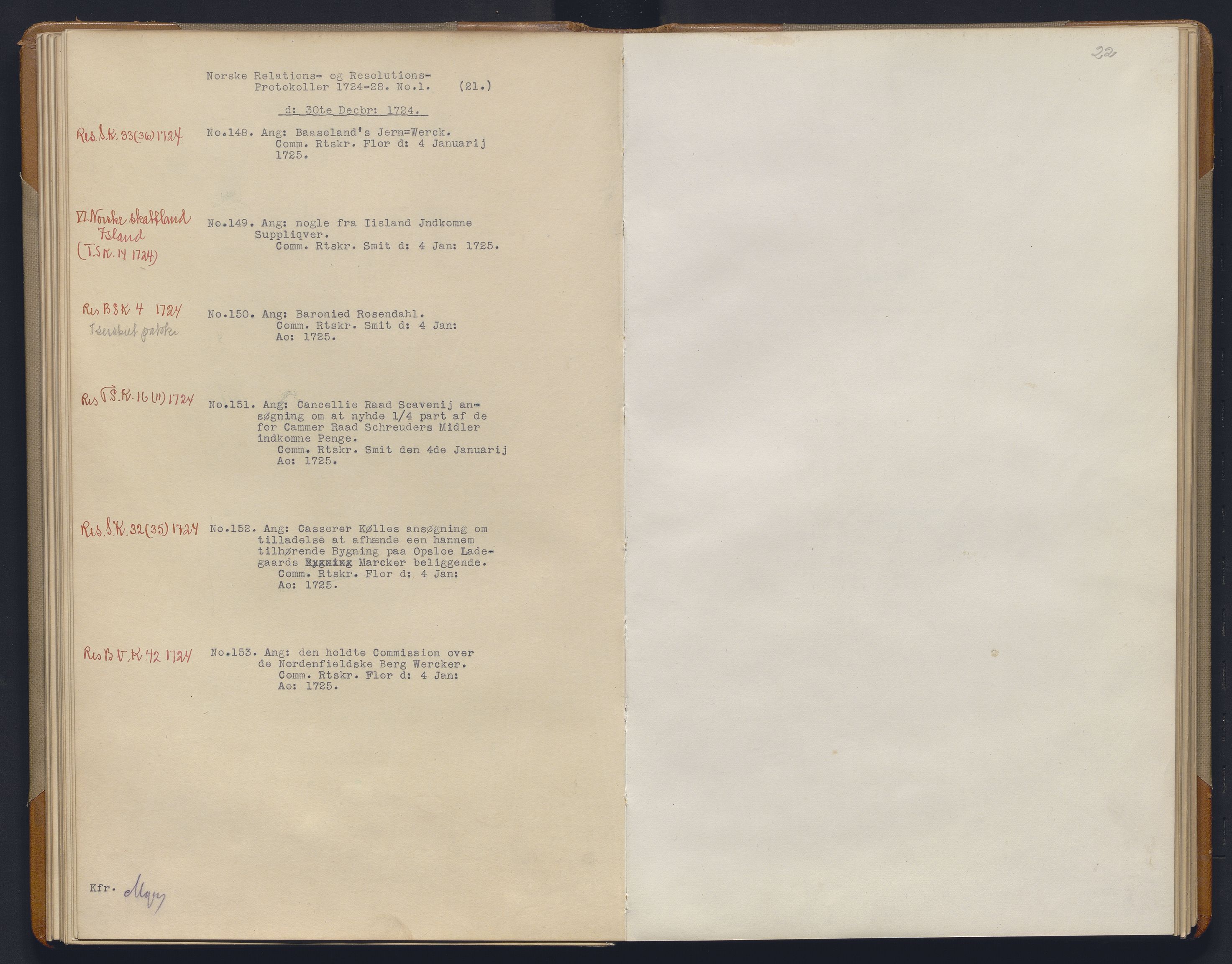 Avskriftsamlingen, AV/RA-EA-4022/F/Fb/L0115: Registratur over norske Relasjons- og resolusjonsprotkoller, 1724-1728, p. 31