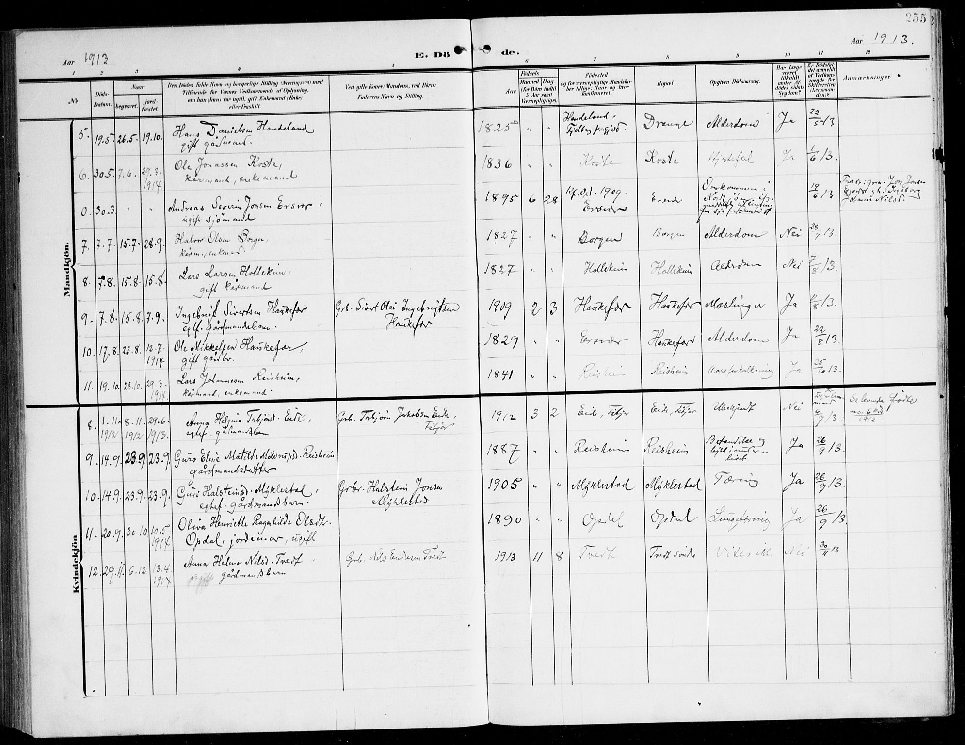 Tysnes sokneprestembete, AV/SAB-A-78601/H/Haa: Parish register (official) no. D 2, 1905-1922, p. 255