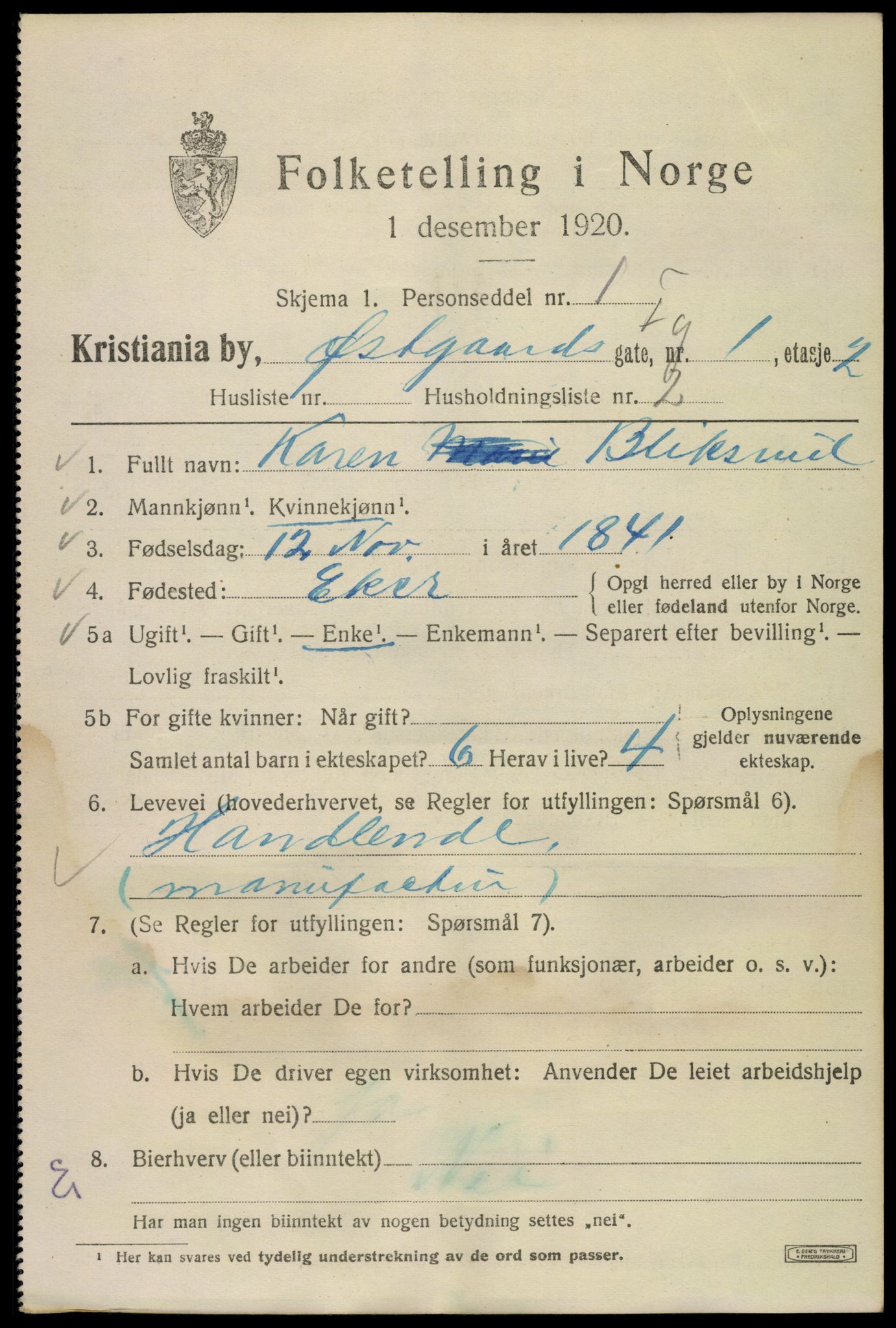 SAO, 1920 census for Kristiania, 1920, p. 656441