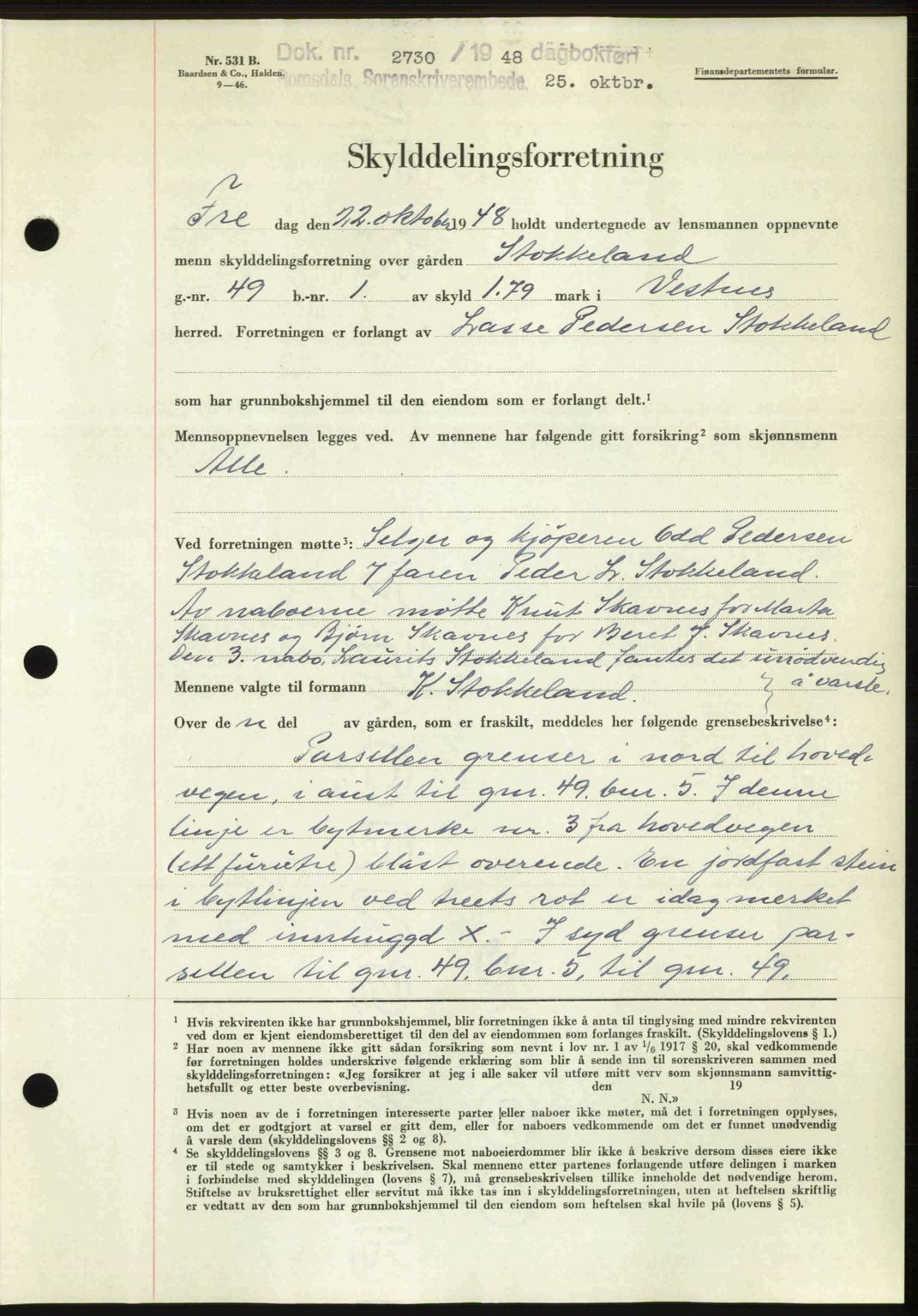 Romsdal sorenskriveri, AV/SAT-A-4149/1/2/2C: Mortgage book no. A27, 1948-1948, Diary no: : 2730/1948