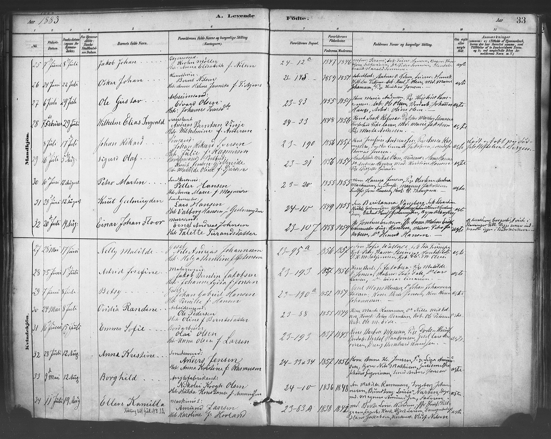 Mariakirken Sokneprestembete, AV/SAB-A-76901/H/Haa/L0007: Parish register (official) no. A 7, 1878-1893, p. 33