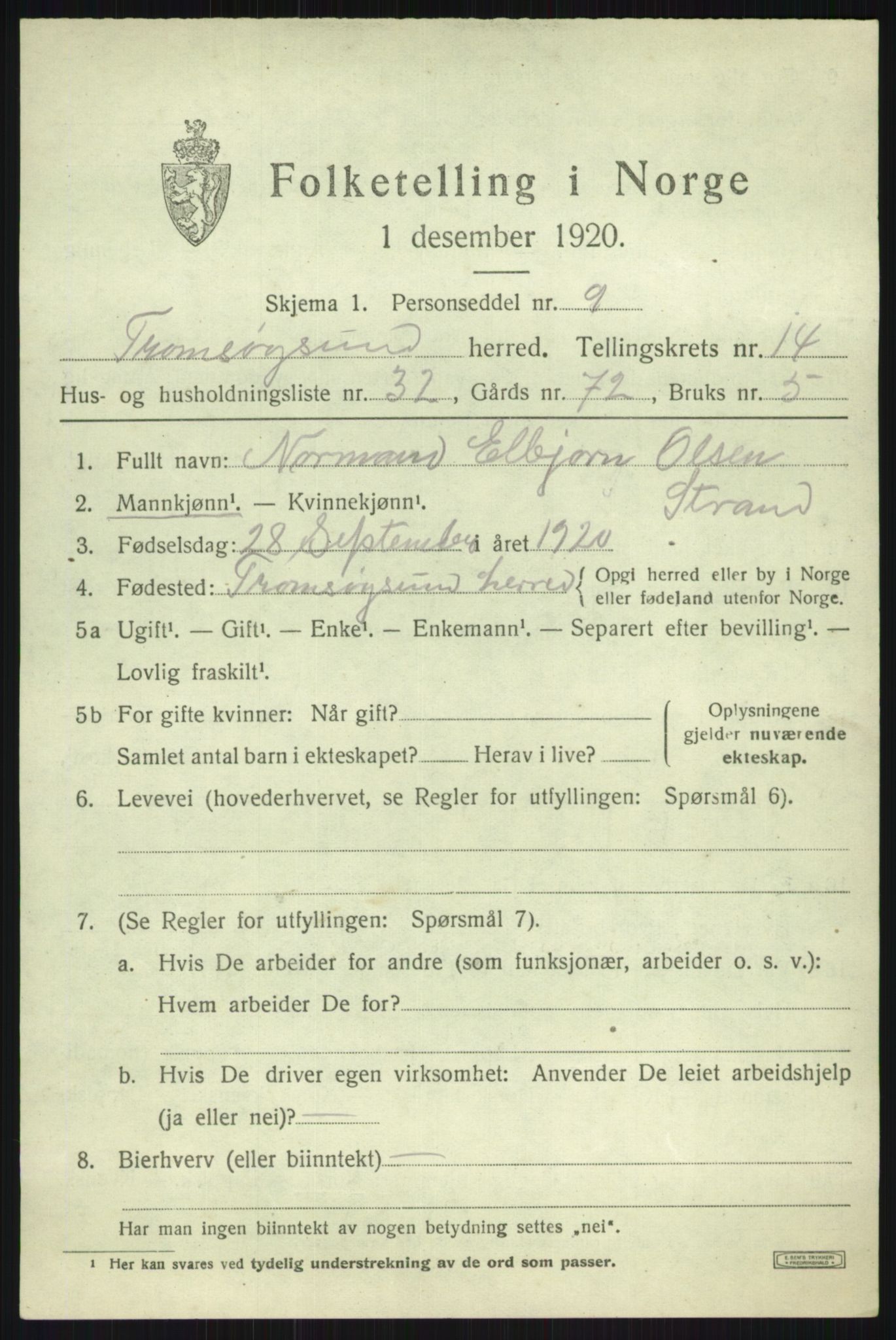 SATØ, 1920 census for Tromsøysund, 1920, p. 8898