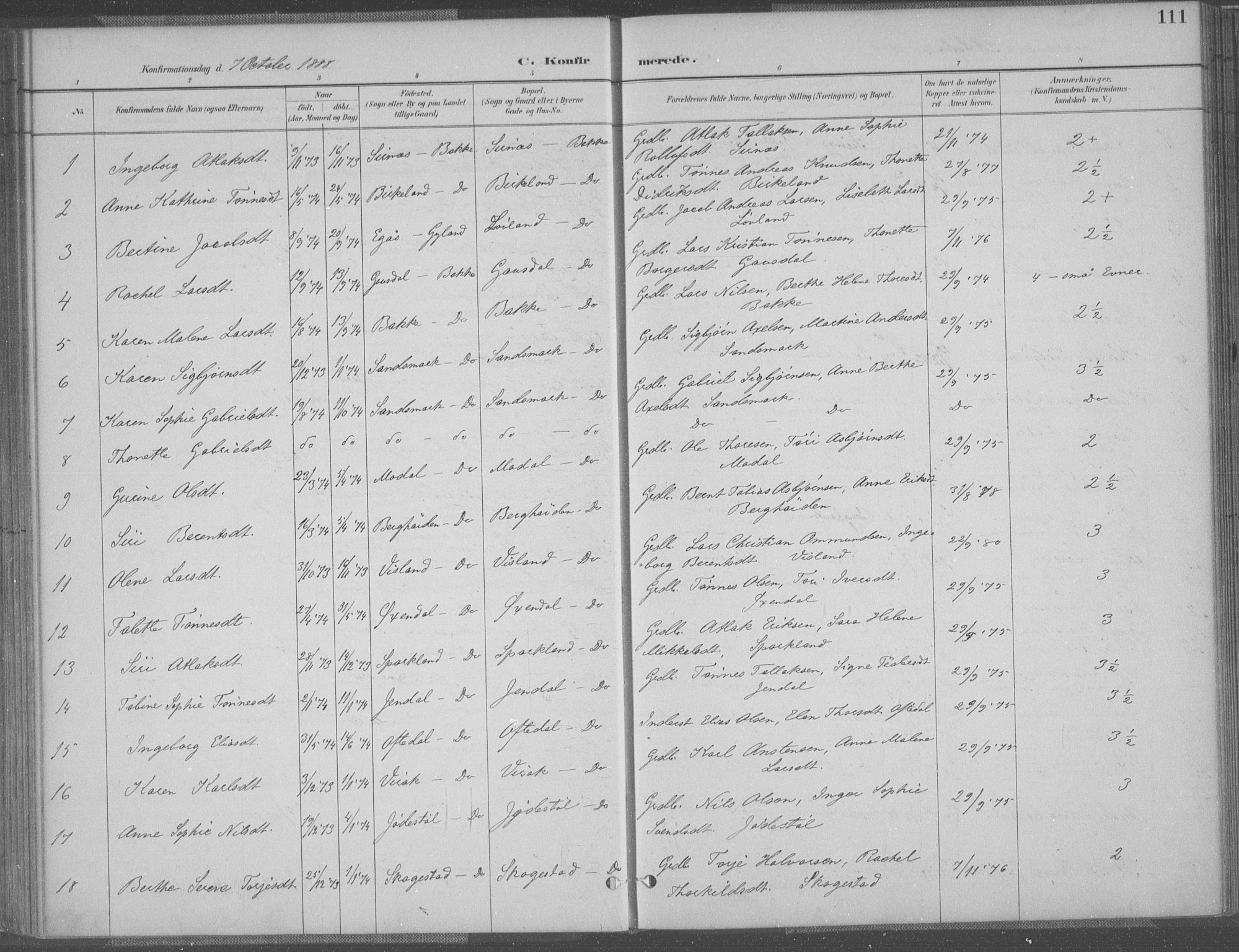Bakke sokneprestkontor, SAK/1111-0002/F/Fa/Faa/L0008: Parish register (official) no. A 8, 1887-1911, p. 111