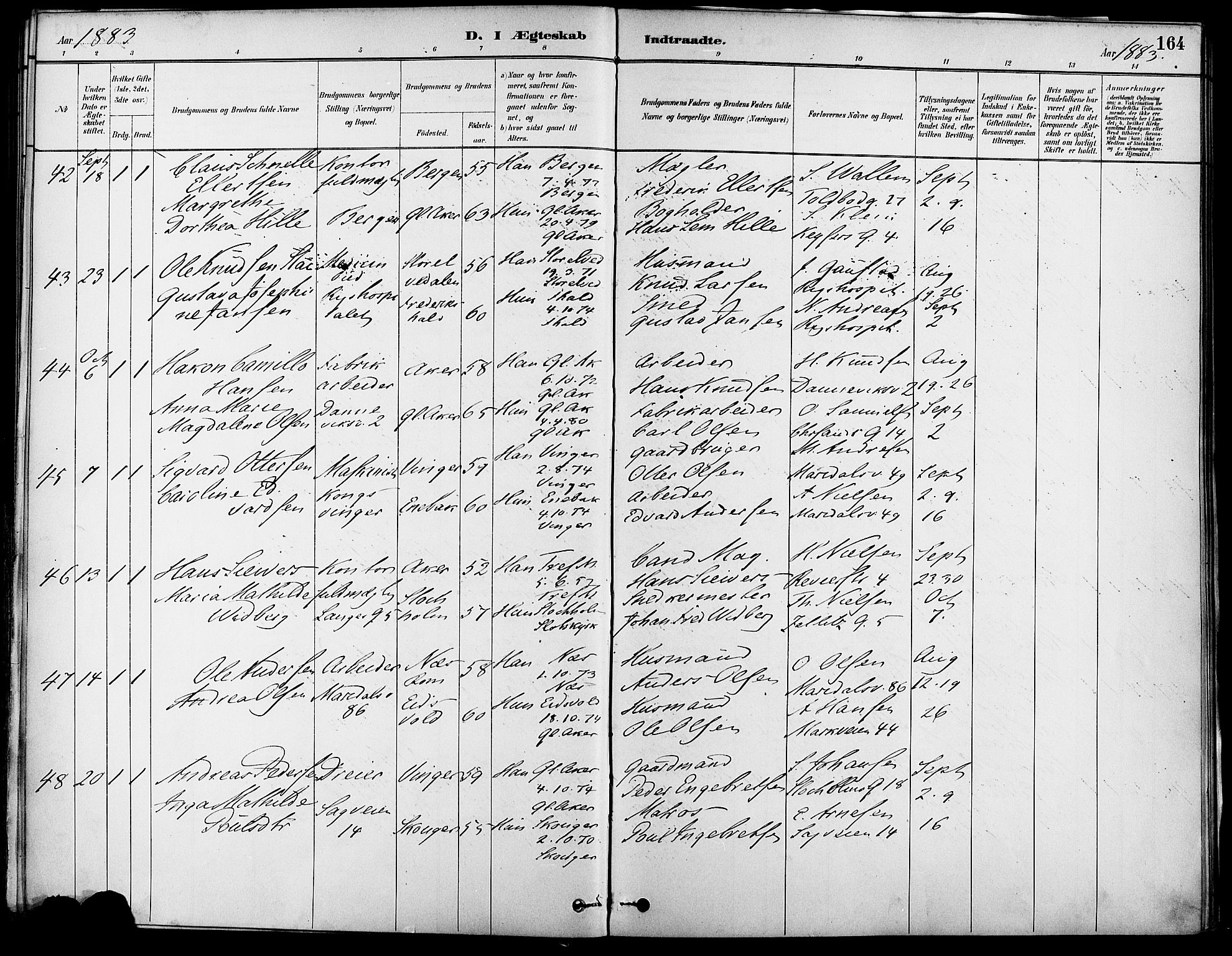Gamle Aker prestekontor Kirkebøker, SAO/A-10617a/F/L0007: Parish register (official) no. 7, 1882-1890, p. 164