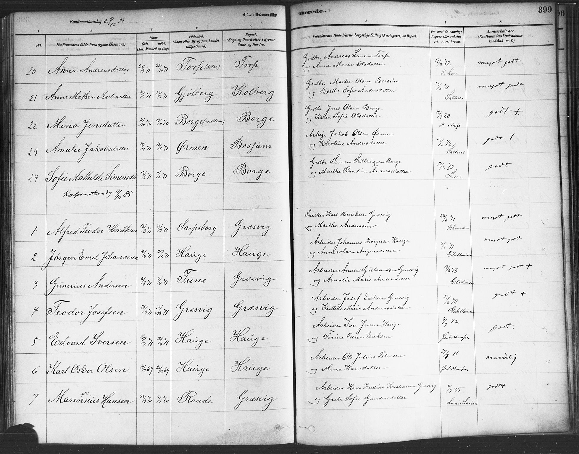 Onsøy prestekontor Kirkebøker, SAO/A-10914/F/Fa/L0005: Parish register (official) no. I 5, 1878-1898, p. 399