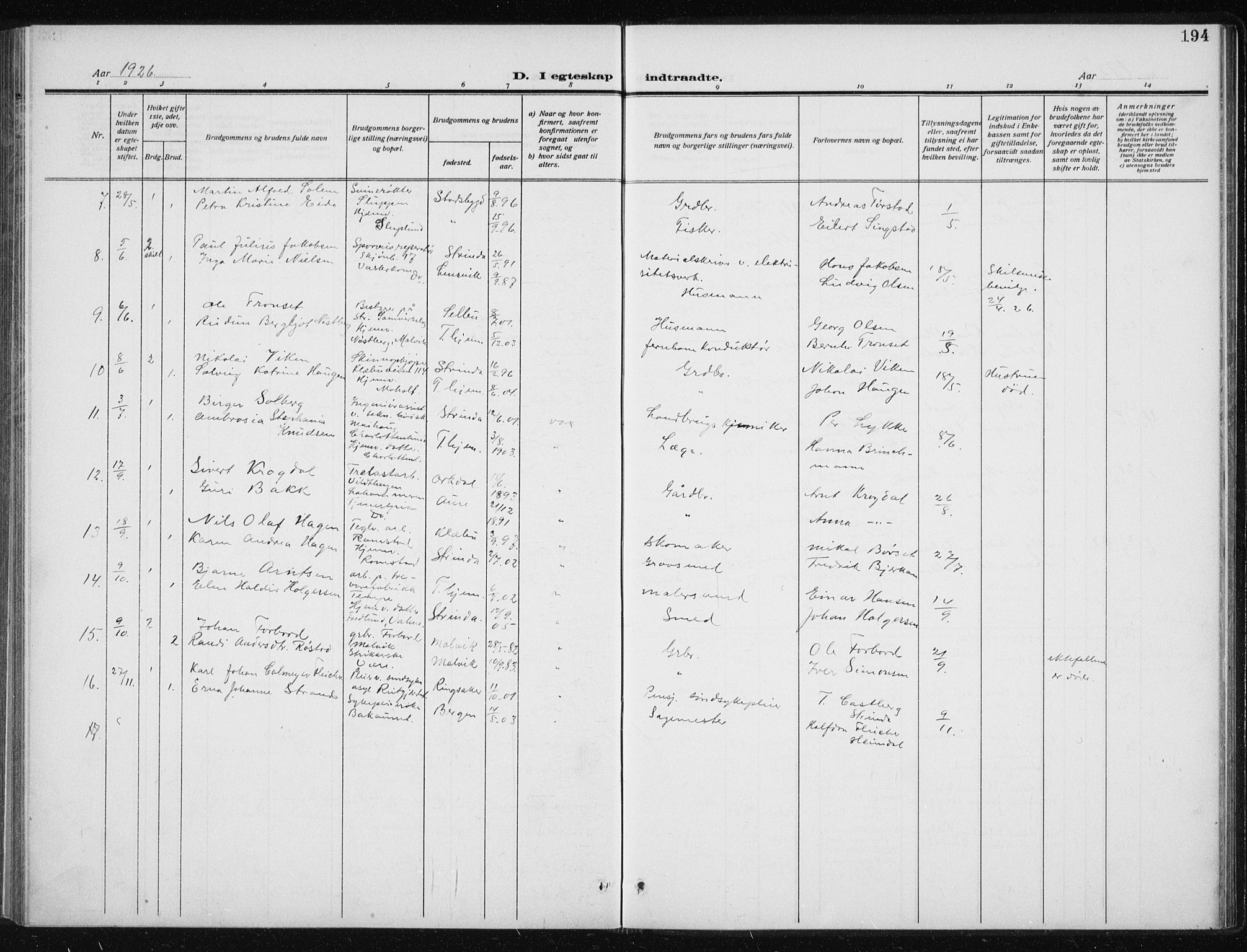 Ministerialprotokoller, klokkerbøker og fødselsregistre - Sør-Trøndelag, SAT/A-1456/606/L0314: Parish register (copy) no. 606C10, 1911-1937, p. 194