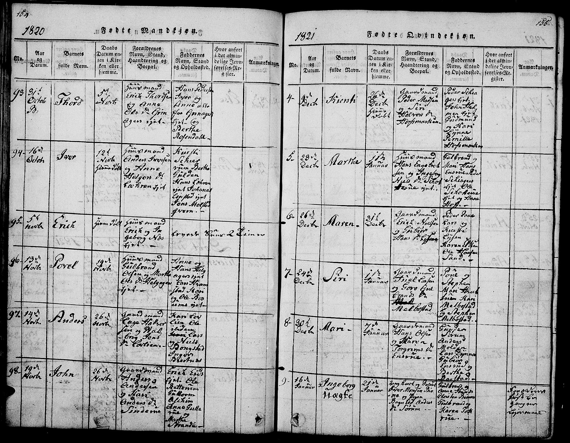 Gran prestekontor, SAH/PREST-112/H/Ha/Hab/L0001: Parish register (copy) no. 1, 1815-1824, p. 154-155