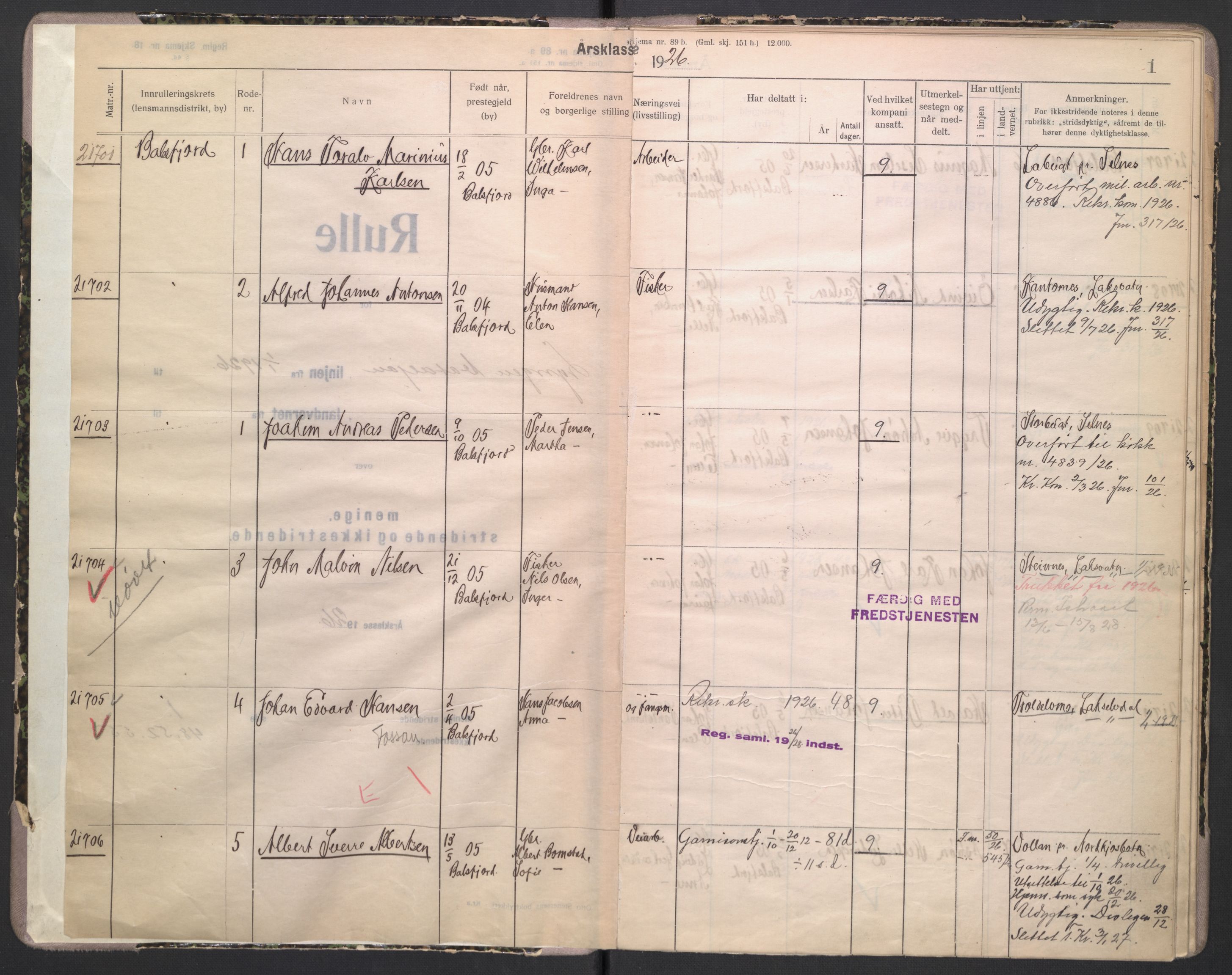 Forsvaret, Troms infanteriregiment nr. 16, AV/RA-RAFA-3146/P/Pa/L0004/0002: Ruller / Rulle for Lyngen bataljons menige mannskaper, årsklasse 1926, 1926, p. 1