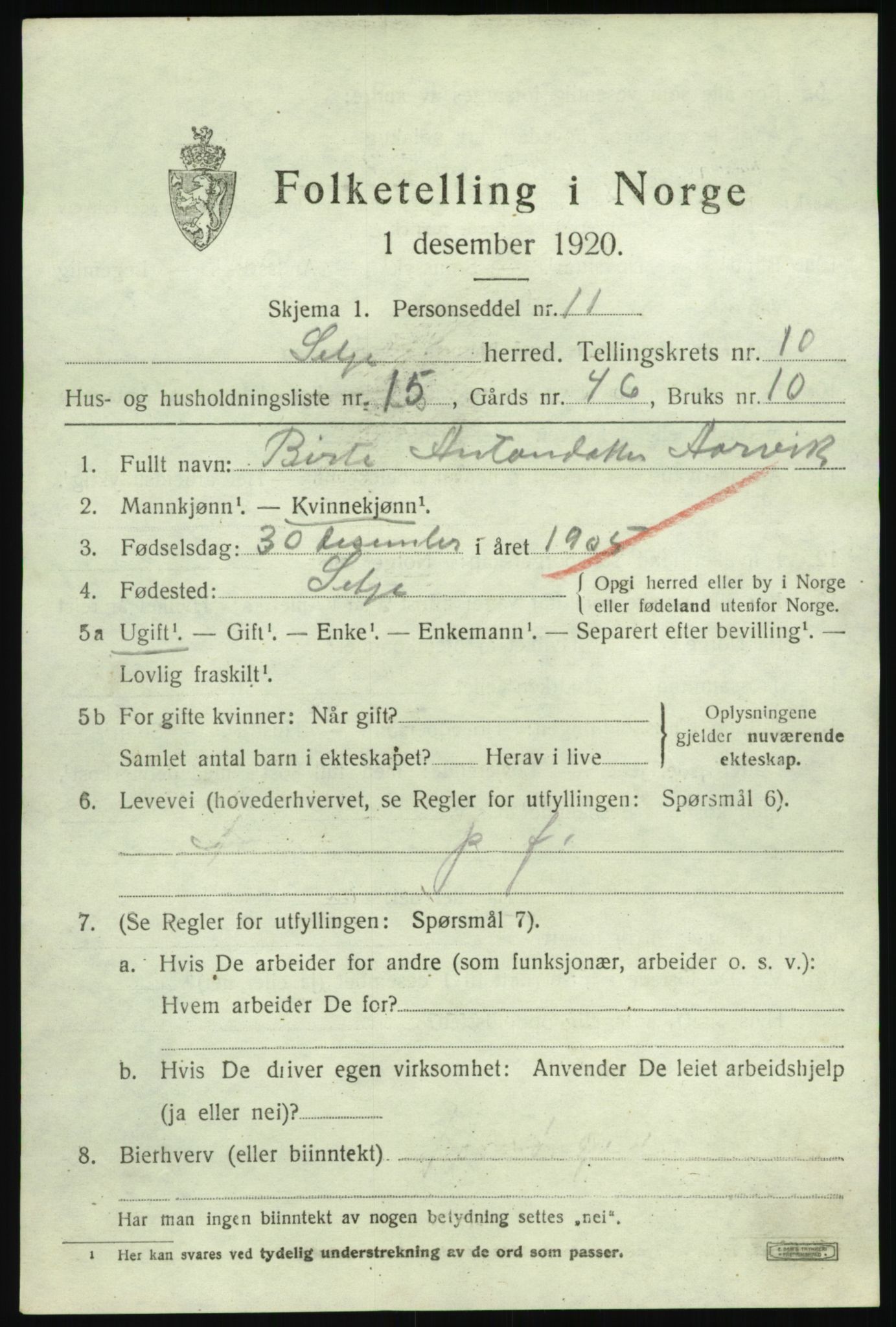 SAB, 1920 census for Selje, 1920, p. 4807