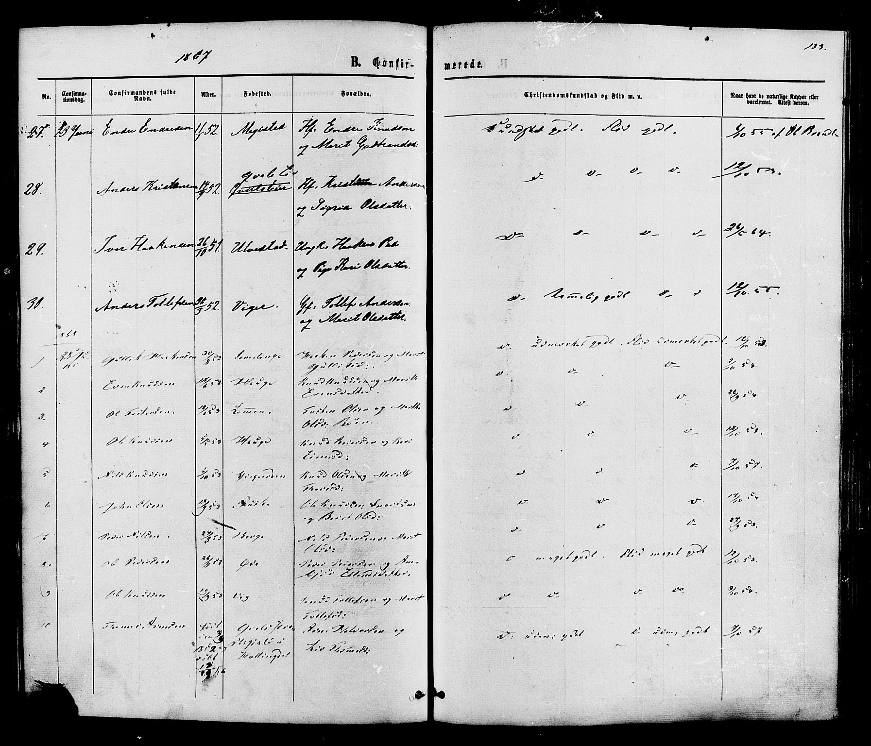 Vestre Slidre prestekontor, SAH/PREST-136/H/Ha/Haa/L0003: Parish register (official) no. 3, 1865-1880, p. 133