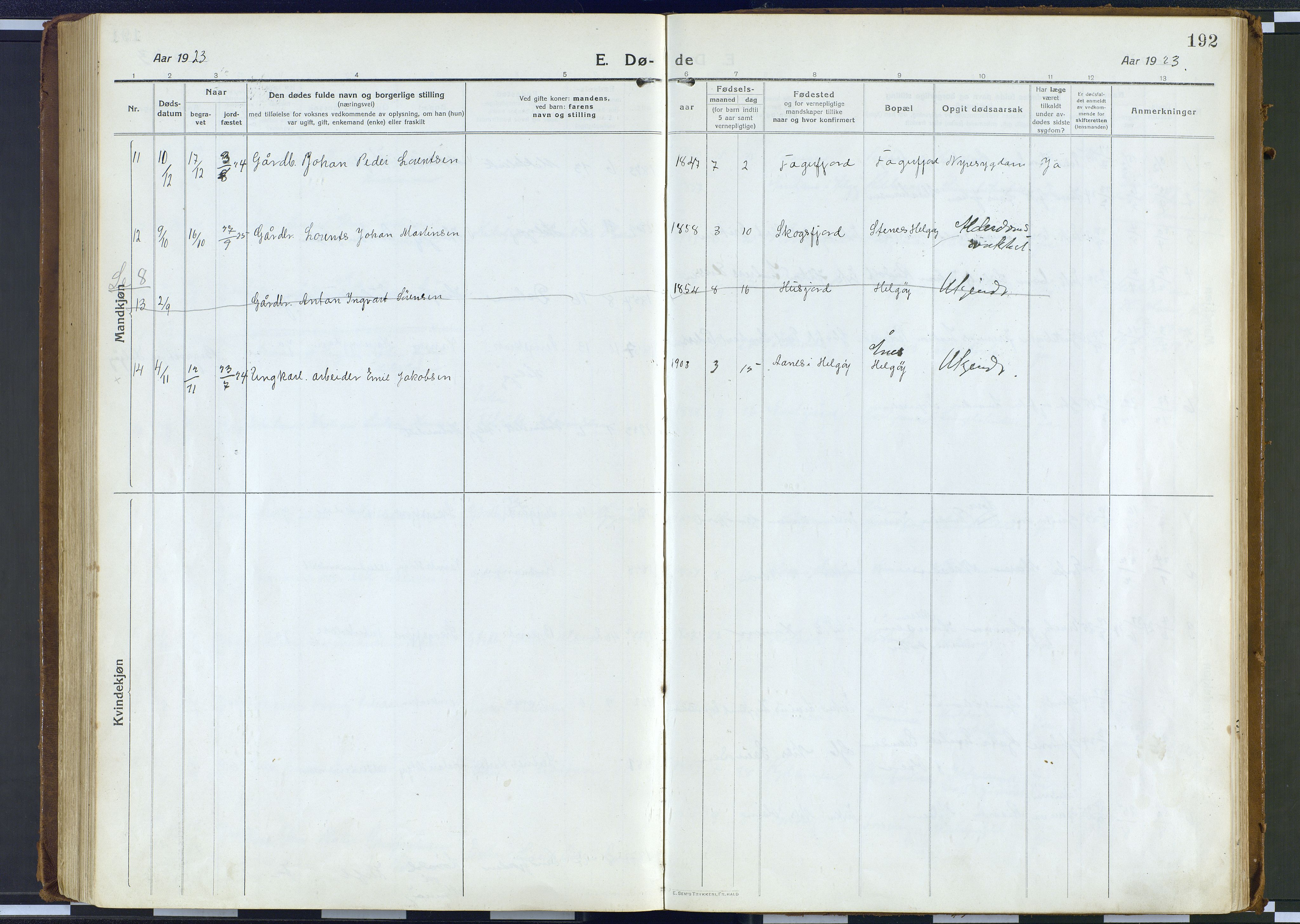 Karlsøy sokneprestembete, AV/SATØ-S-1299/H/Ha/Haa/L0016kirke: Parish register (official) no. 16, 1916-1934, p. 192