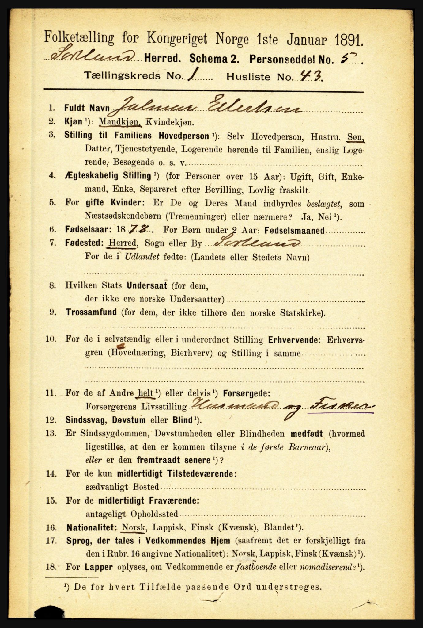 RA, 1891 census for 1870 Sortland, 1891, p. 383