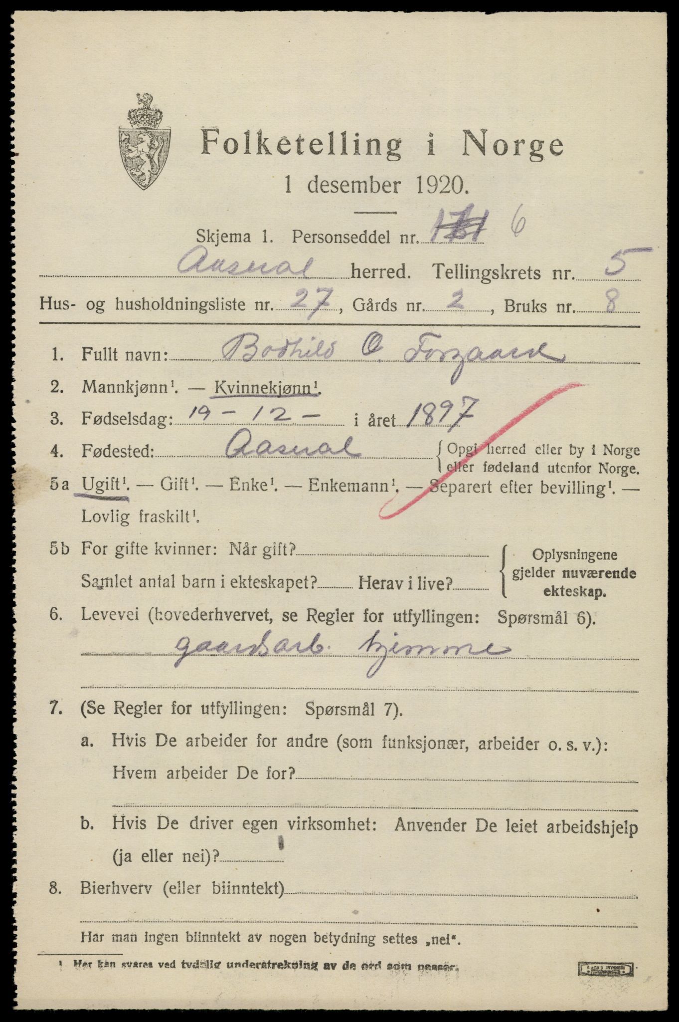SAK, 1920 census for Åseral, 1920, p. 1784