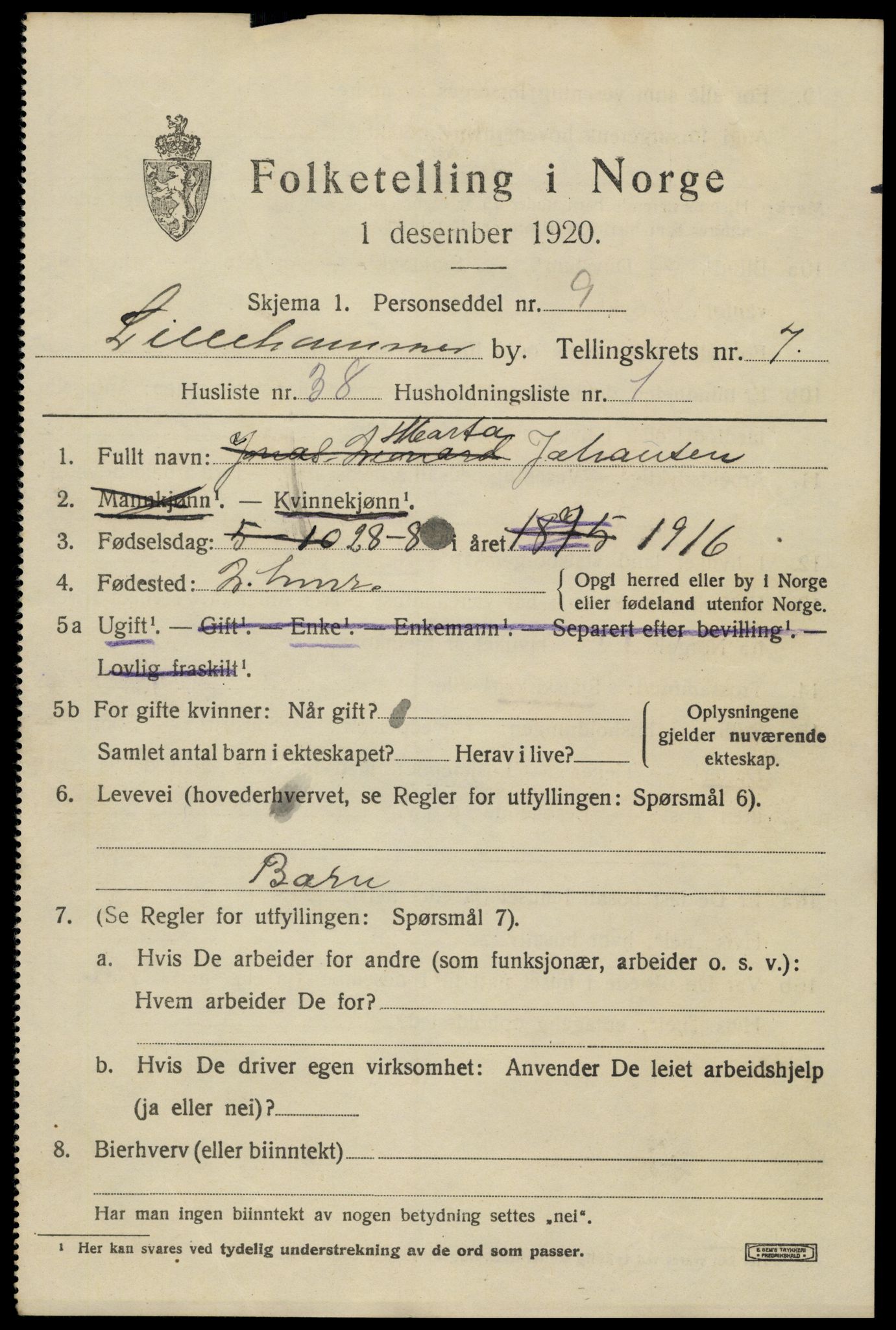 SAH, 1920 census for Lillehammer, 1920, p. 10376