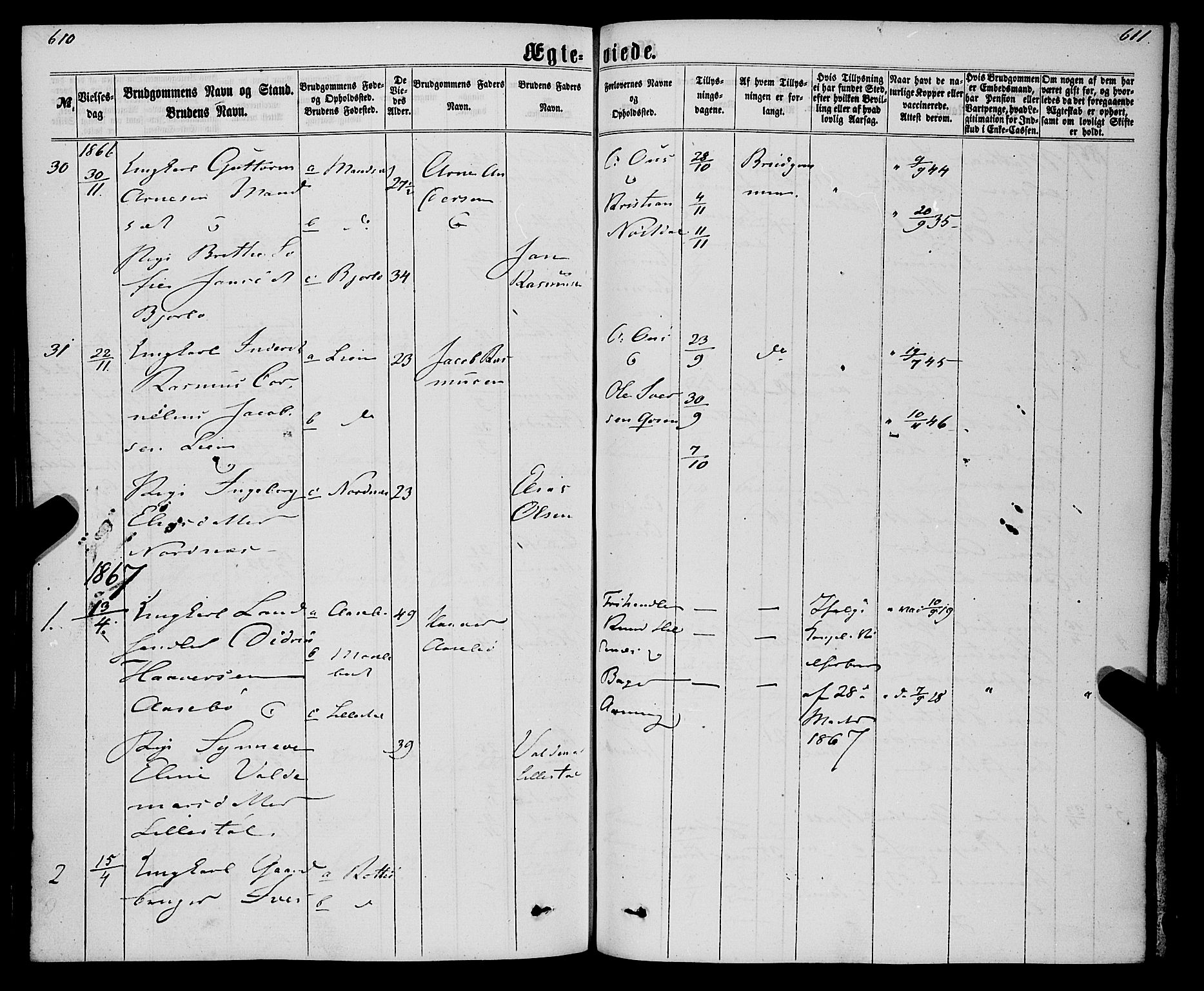 Eid sokneprestembete, AV/SAB-A-82301/H/Haa/Haaa/L0009: Parish register (official) no. A 9, 1861-1868, p. 610-611