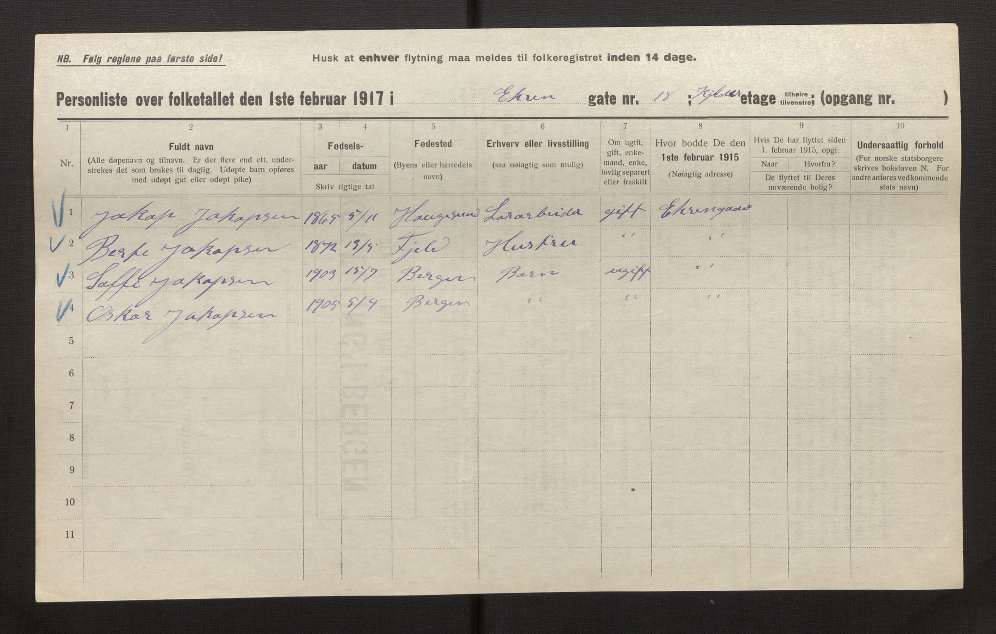 SAB, Municipal Census 1917 for Bergen, 1917, p. 6567