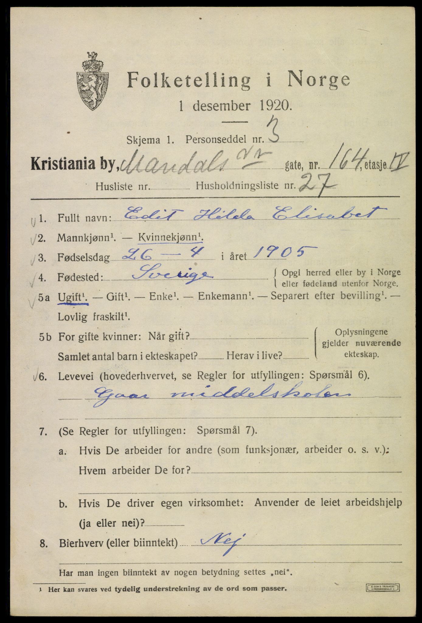 SAO, 1920 census for Kristiania, 1920, p. 382559