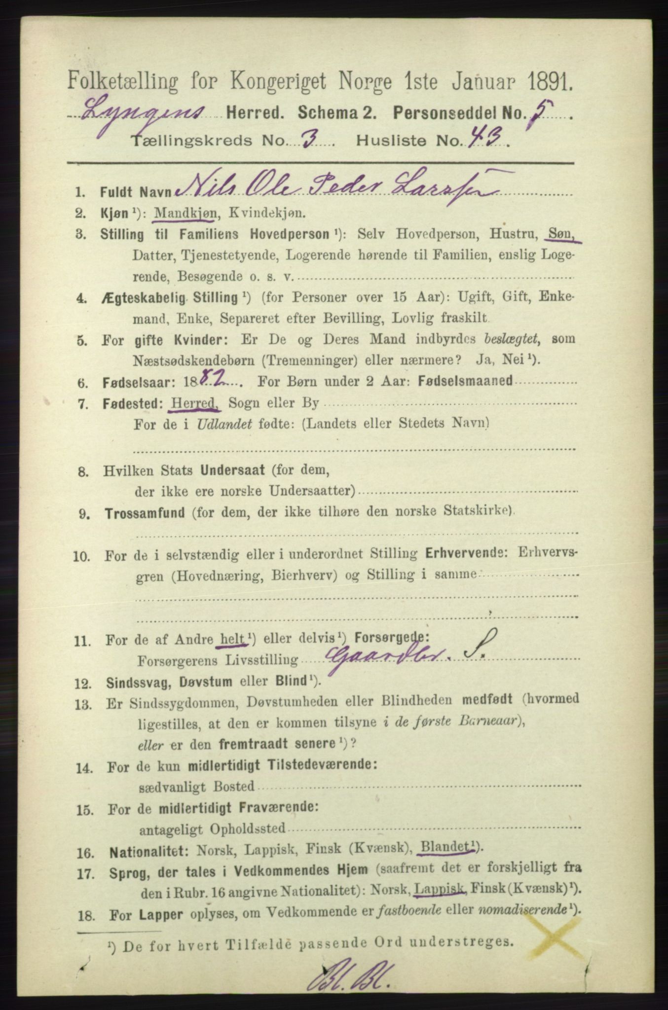 RA, 1891 census for 1938 Lyngen, 1891, p. 3431