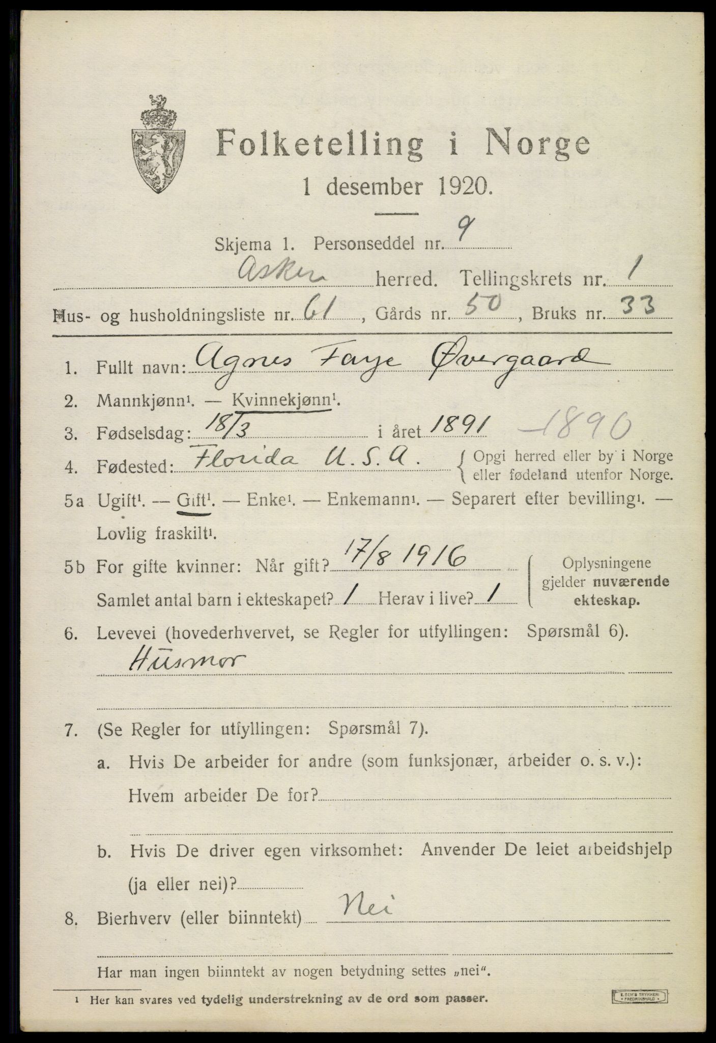 SAO, 1920 census for Asker, 1920, p. 3214