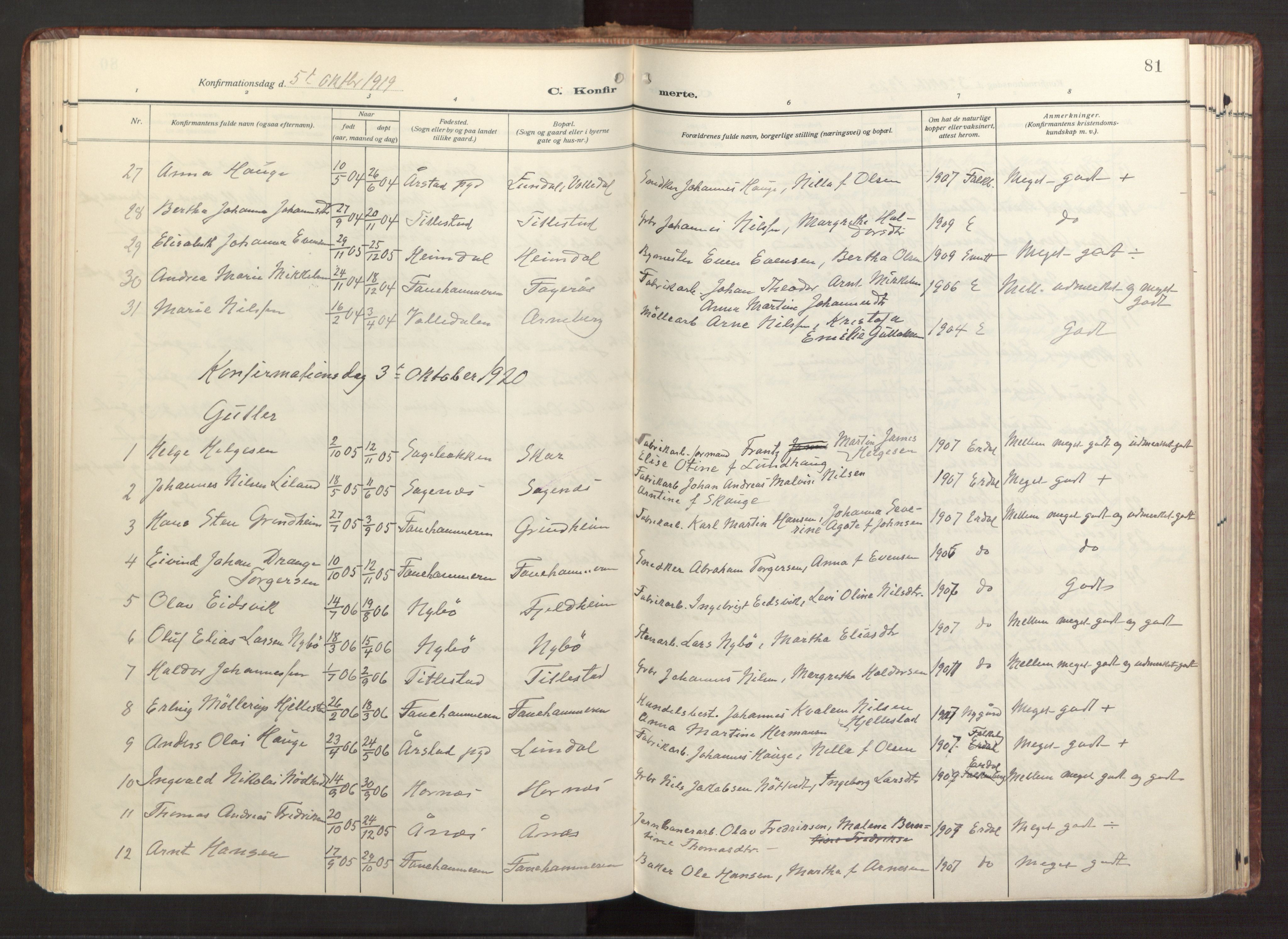 Fana Sokneprestembete, SAB/A-75101/H/Haa/Haab/L0005: Parish register (official) no. B 5, 1915-1923, p. 81