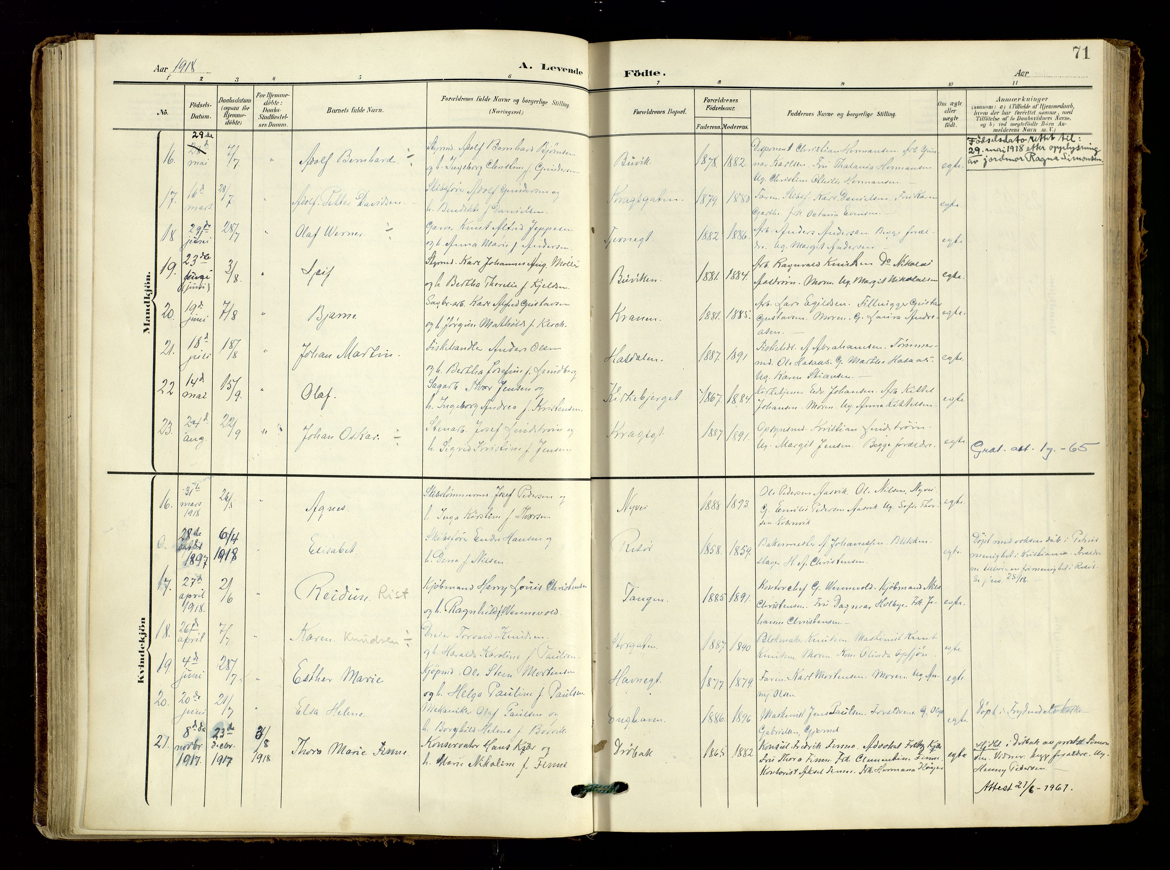 Risør sokneprestkontor, SAK/1111-0035/F/Fa/L0011: Parish register (official) no. A 11, 1907-1920, p. 71
