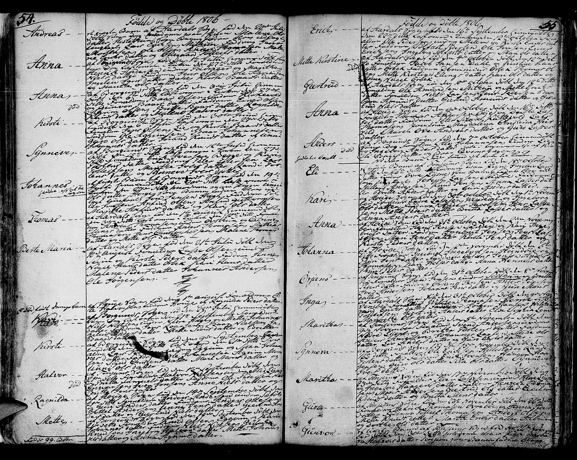 Lærdal sokneprestembete, AV/SAB-A-81201: Parish register (official) no. A 4, 1805-1821, p. 54-55