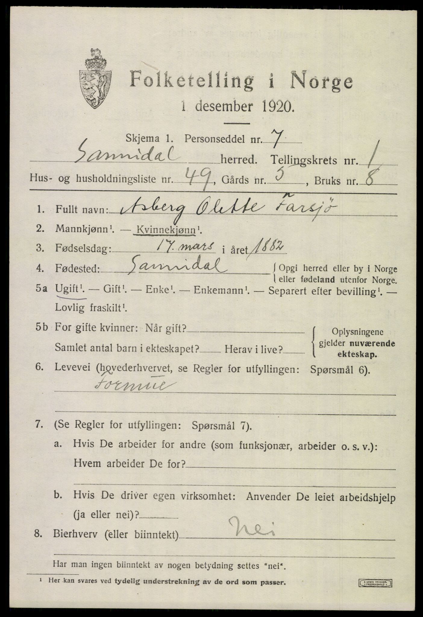 SAKO, 1920 census for Sannidal, 1920, p. 1627